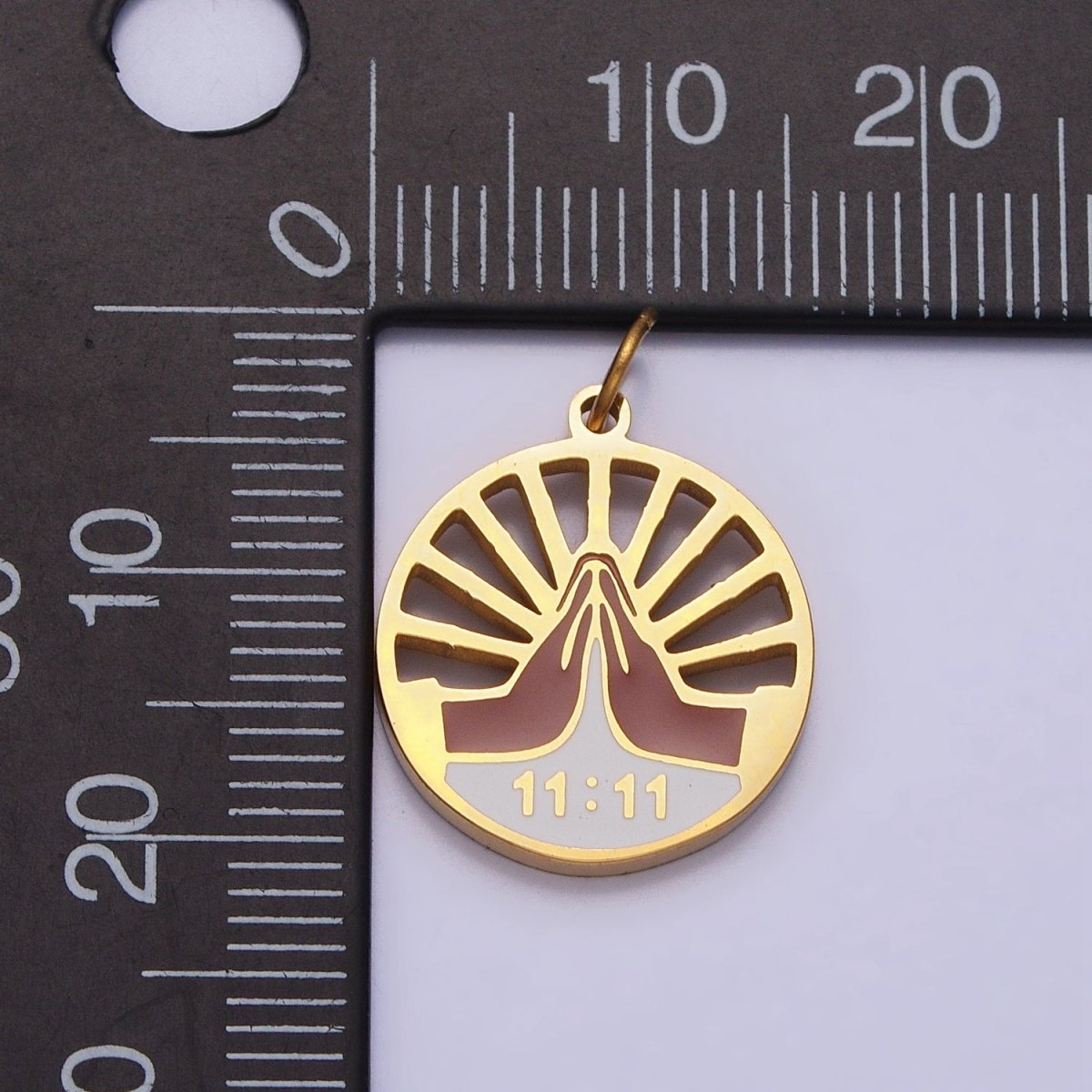 Stainless Steel Praying Hands Numerology 11:11 Sun Beam Round Charm in Silver & Gold | P-920