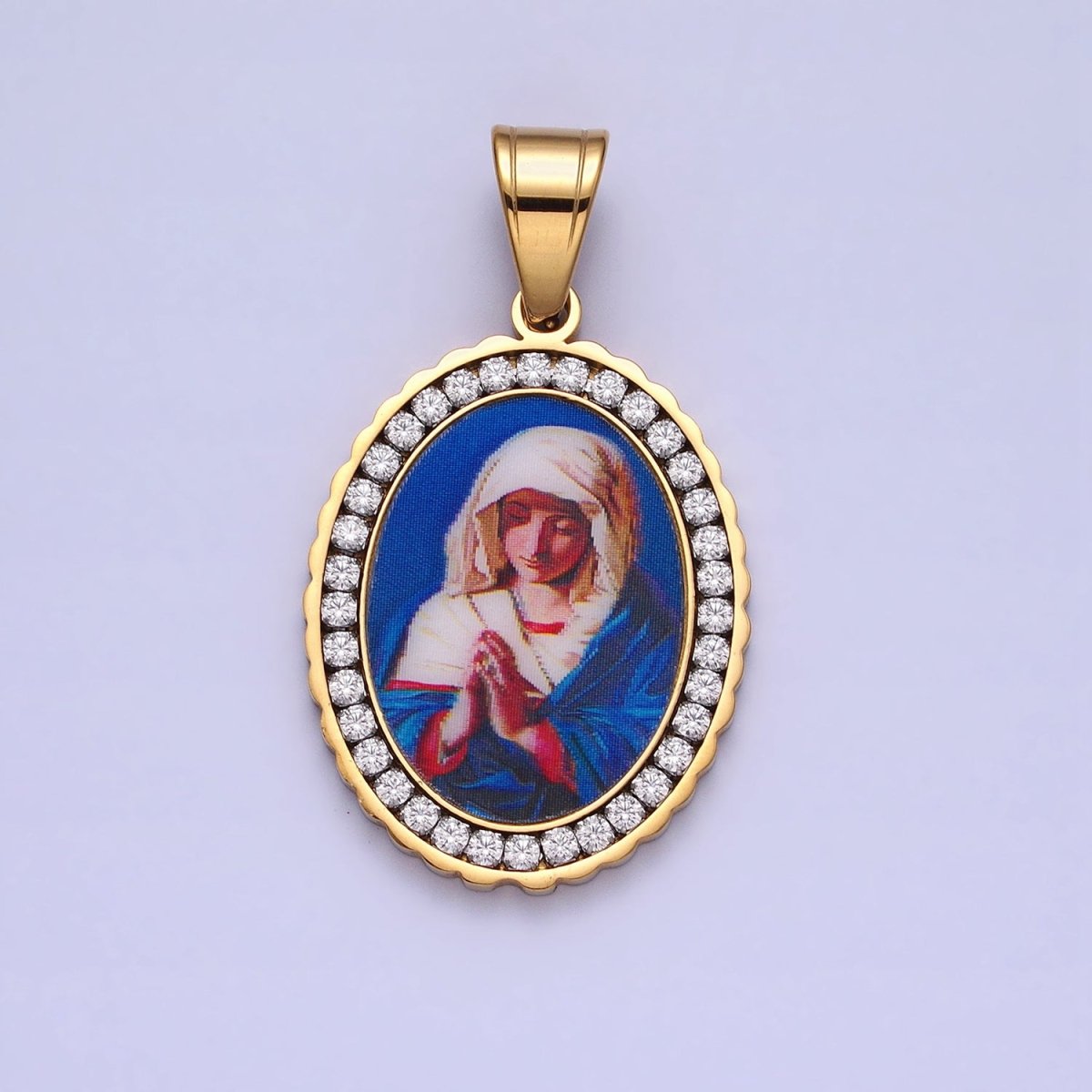 Stainless Steel Praying Lady Mary Blue Micro Paved CZ Oval Pendant in Gold & Silver Religious Jewelry J-780 J-781