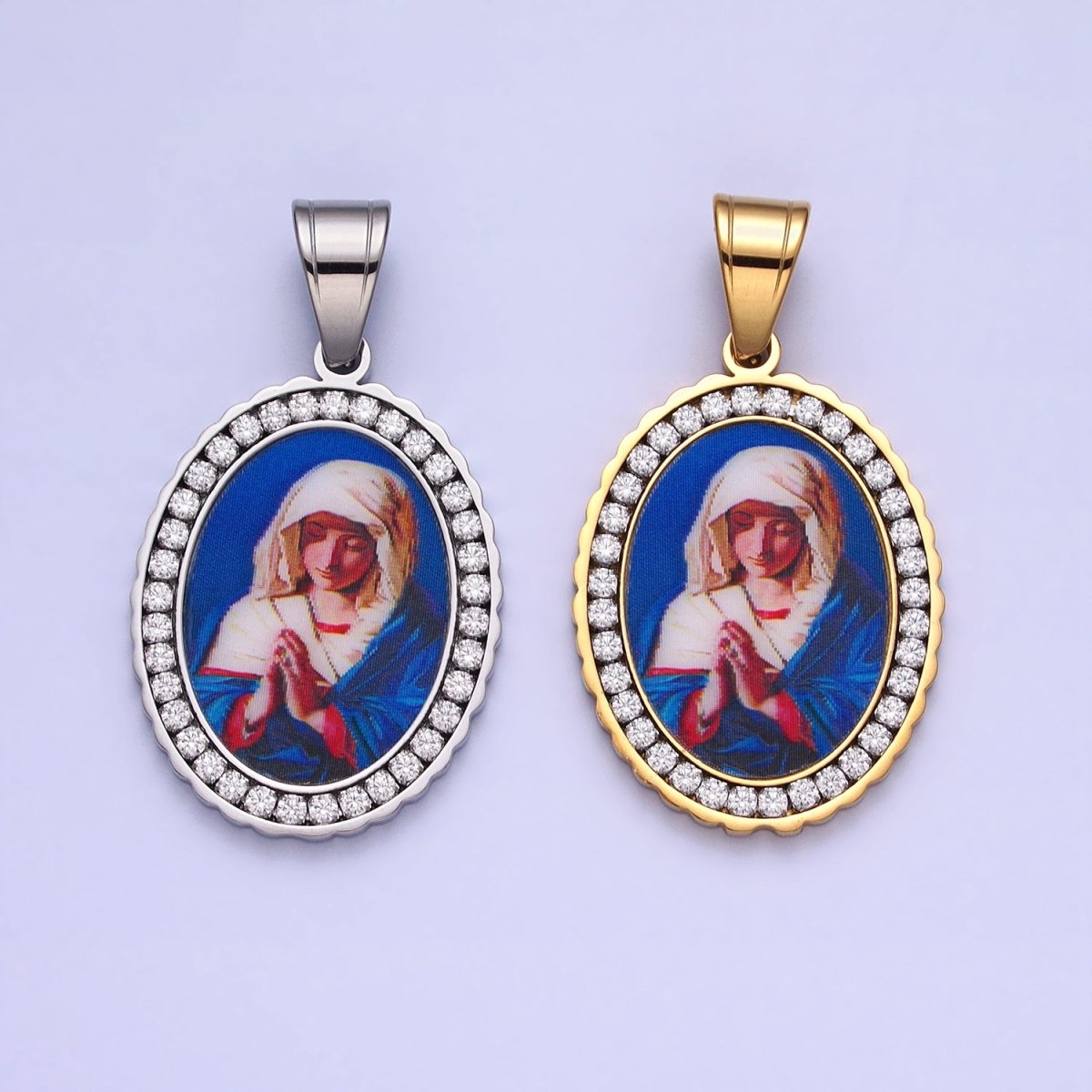 Stainless Steel Praying Lady Mary Blue Micro Paved CZ Oval Pendant in Gold & Silver Religious Jewelry J-780 J-781