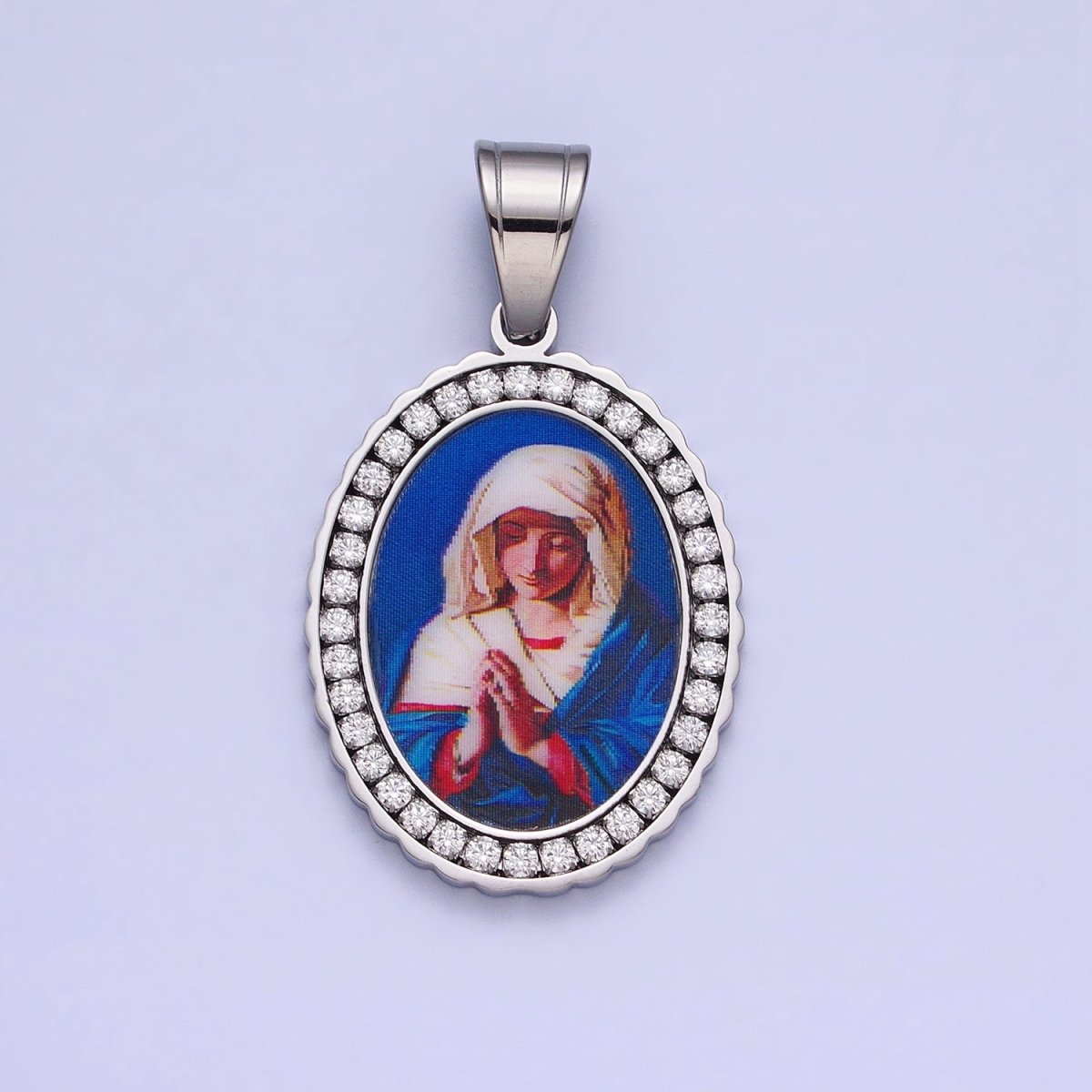 Stainless Steel Praying Lady Mary Blue Micro Paved CZ Oval Pendant in Gold & Silver Religious Jewelry J-780 J-781