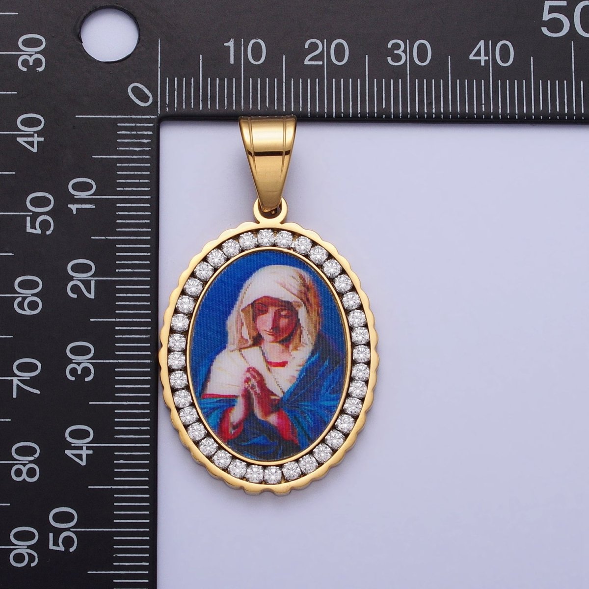 Stainless Steel Praying Lady Mary Blue Micro Paved CZ Oval Pendant in Gold & Silver Religious Jewelry J-780 J-781