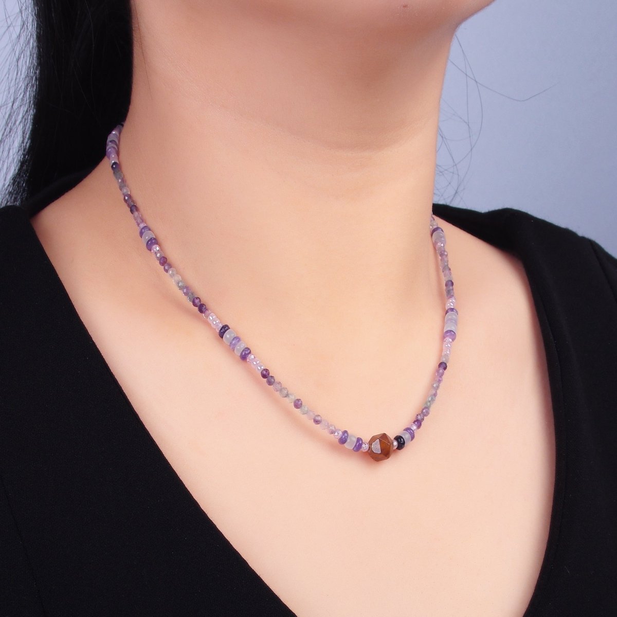 Stainless Steel Purple Amethyst Crystal Natural Gemstone 16 Inch Choker Necklace | WA - 3110 - DLUXCA