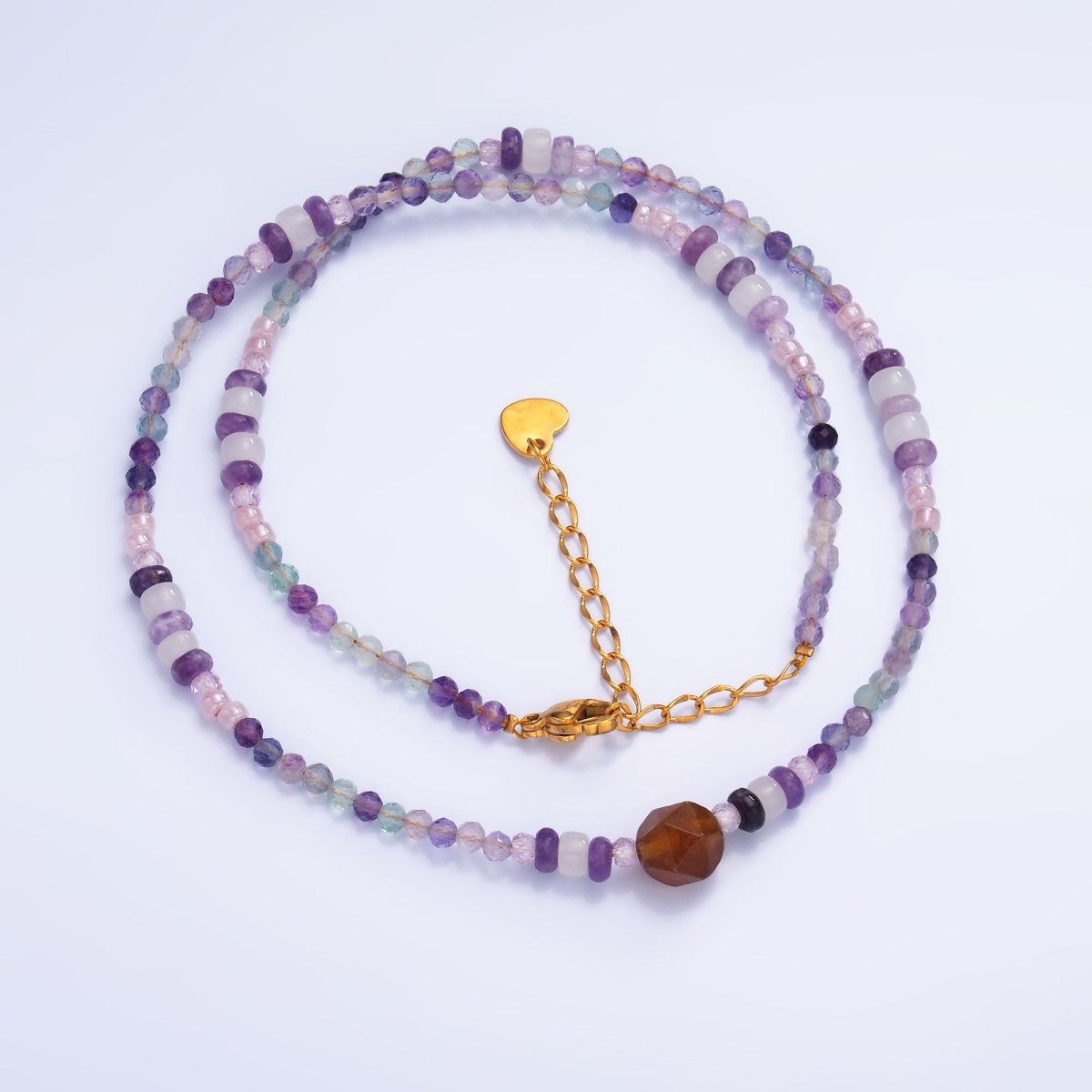 Stainless Steel Purple Amethyst Crystal Natural Gemstone 16 Inch Choker Necklace | WA - 3110 - DLUXCA