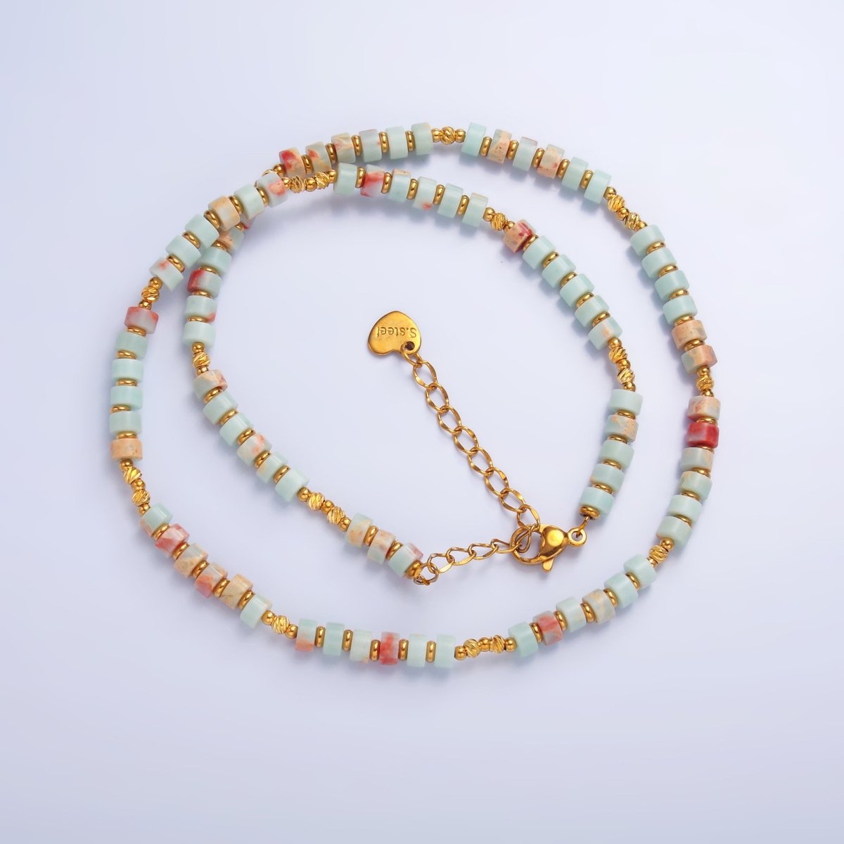 Stainless Steel Red Blue Amazonite Natural Gemstone Bead 16 Inch Choker Necklace | WA - 3112 - DLUXCA