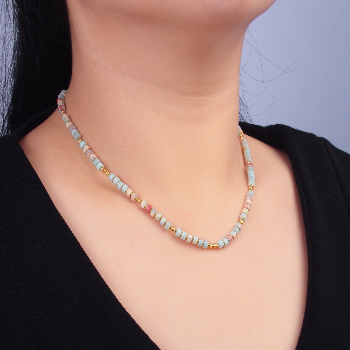 Stainless Steel Red Blue Amazonite Natural Gemstone Bead 16 Inch Choker Necklace | WA - 3112 - DLUXCA