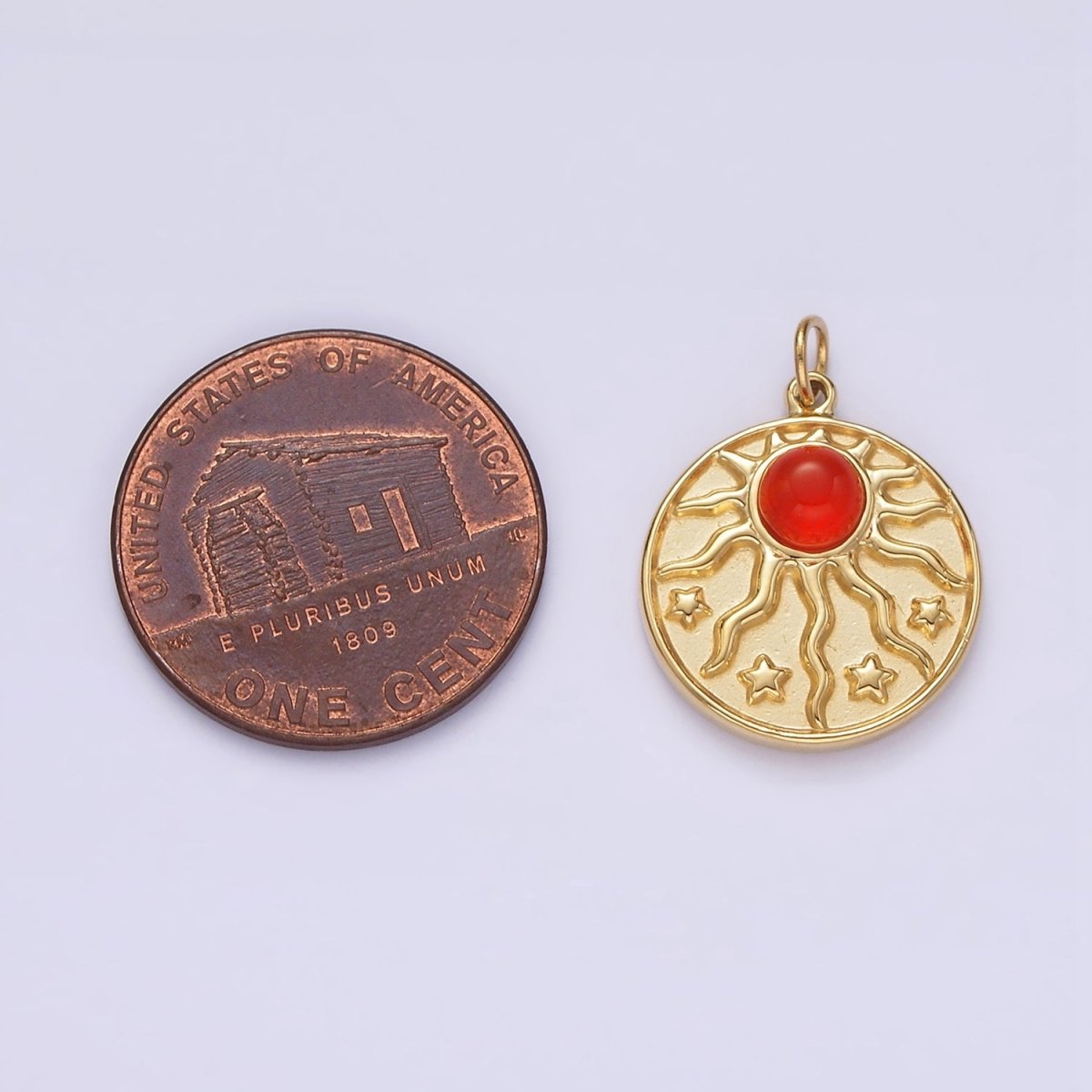 OS Stainless Steel Red Cat's Eye Celestial Sun Ray Star Round Charm |  P630