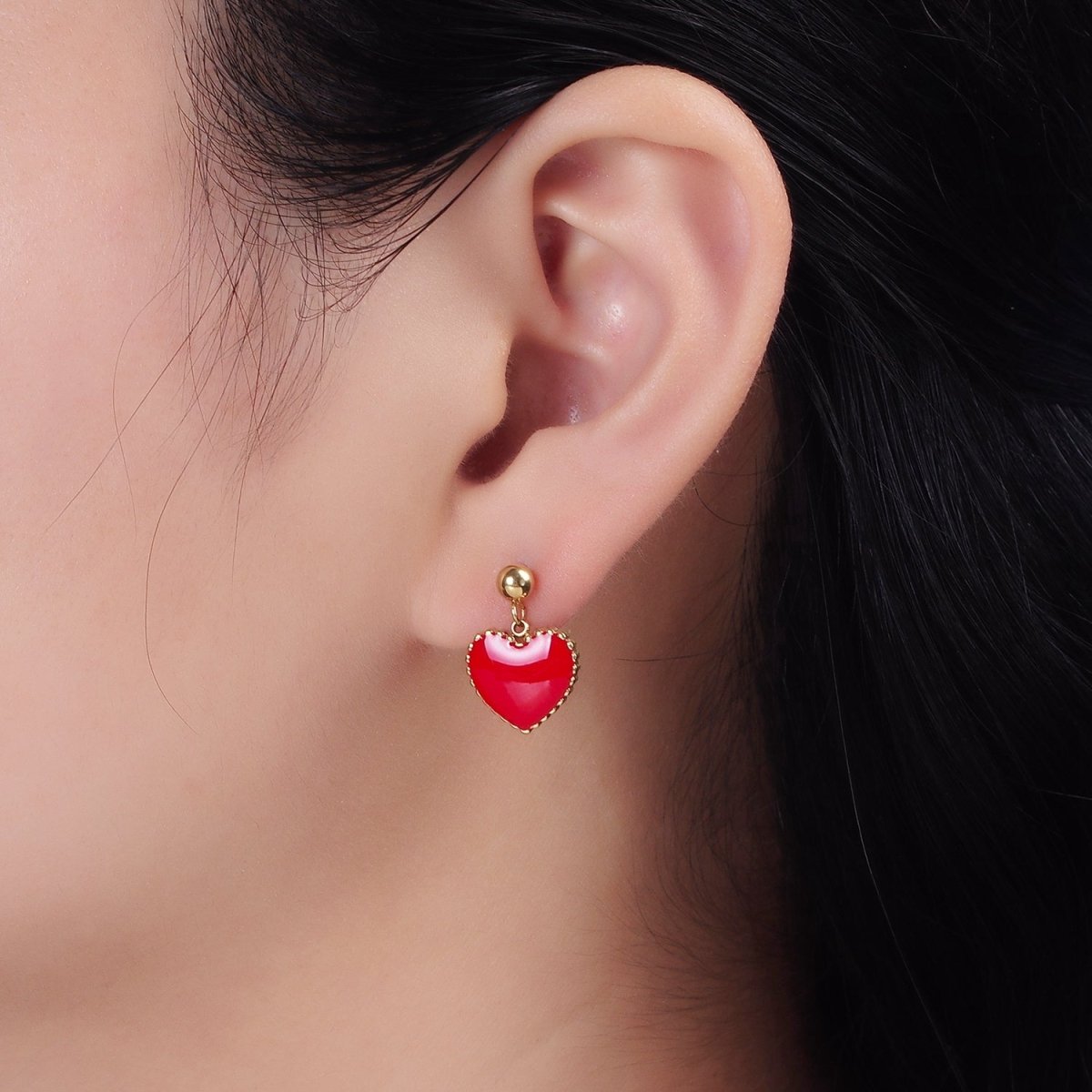 Stainless Steel Red Heart Enamel Bead Drop Stud Earrings | AE744