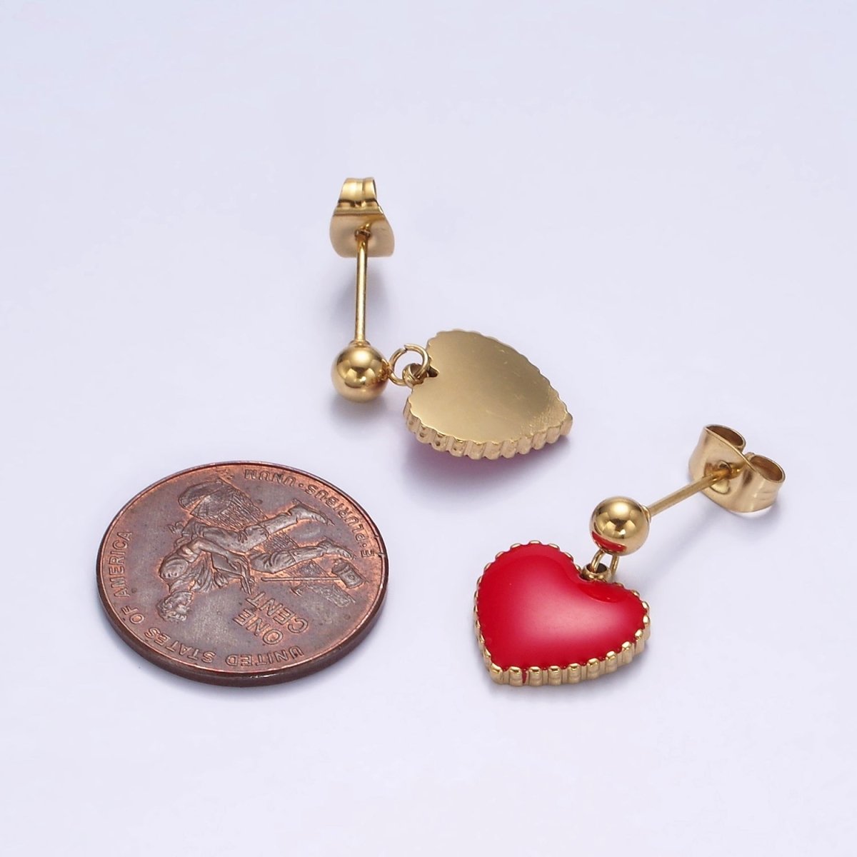 Stainless Steel Red Heart Enamel Bead Drop Stud Earrings | AE744