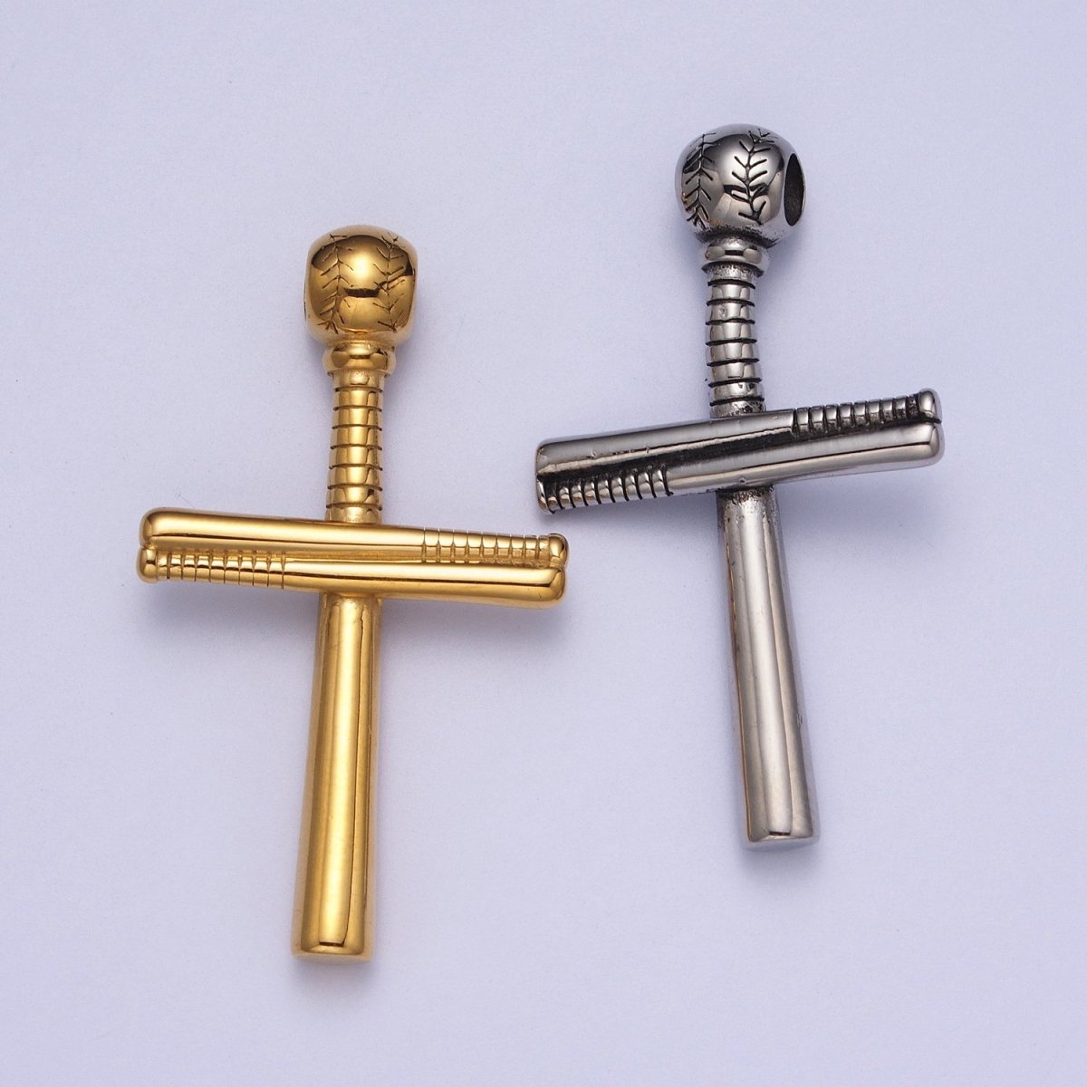 Stainless Steel Religious Cross Baseball-Themed Ball Bat Pendant in Gold & Silver J-377 J-384