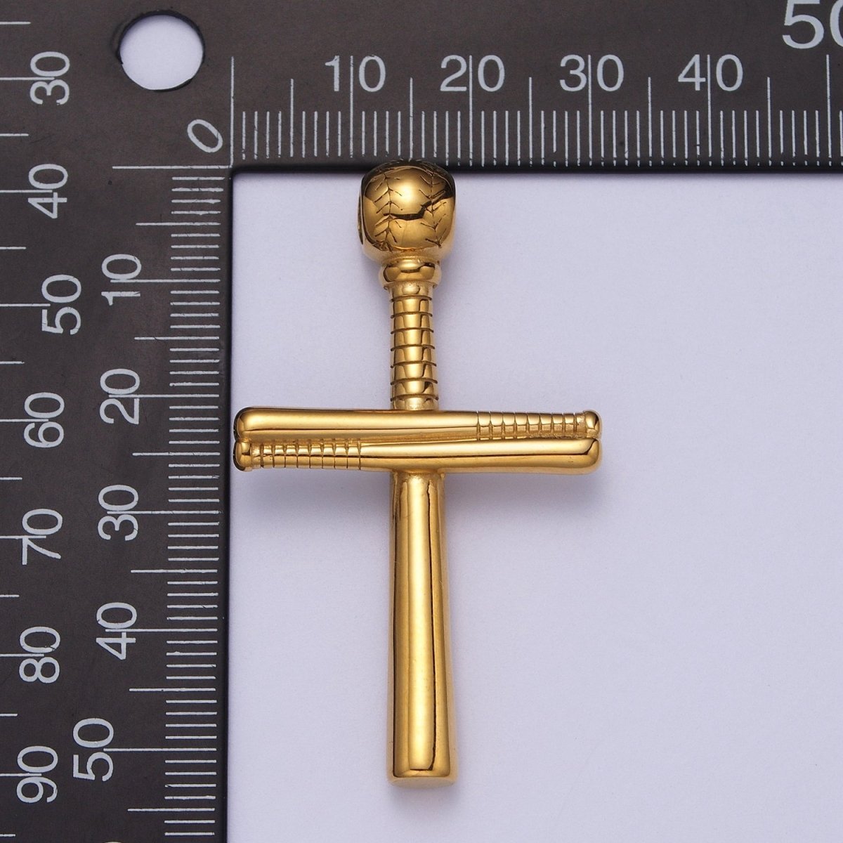 Stainless Steel Religious Cross Baseball-Themed Ball Bat Pendant in Gold & Silver J-377 J-384