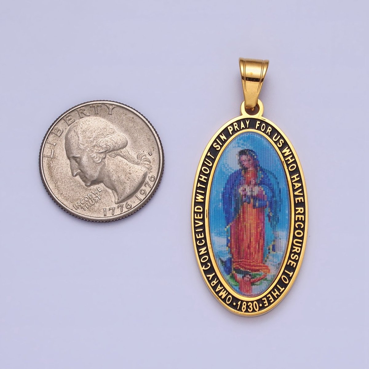 Stainless Steel Religious Mother Virgin Mary Prayer Inscription Oval Pendant in Gold & Silver J-773 J-776