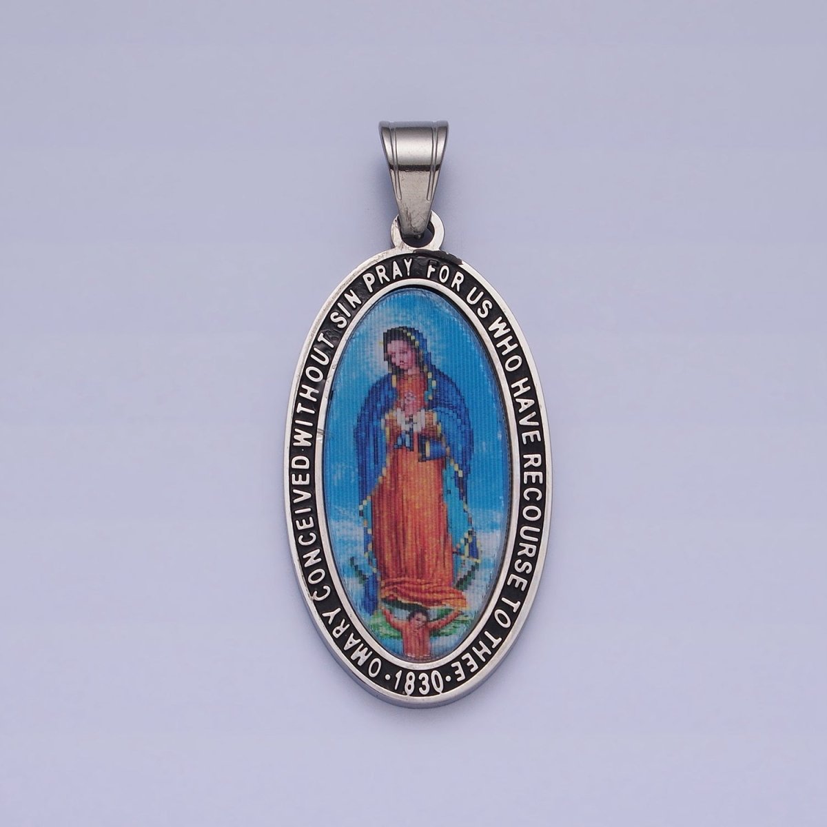 Stainless Steel Religious Mother Virgin Mary Prayer Inscription Oval Pendant in Gold & Silver J-773 J-776