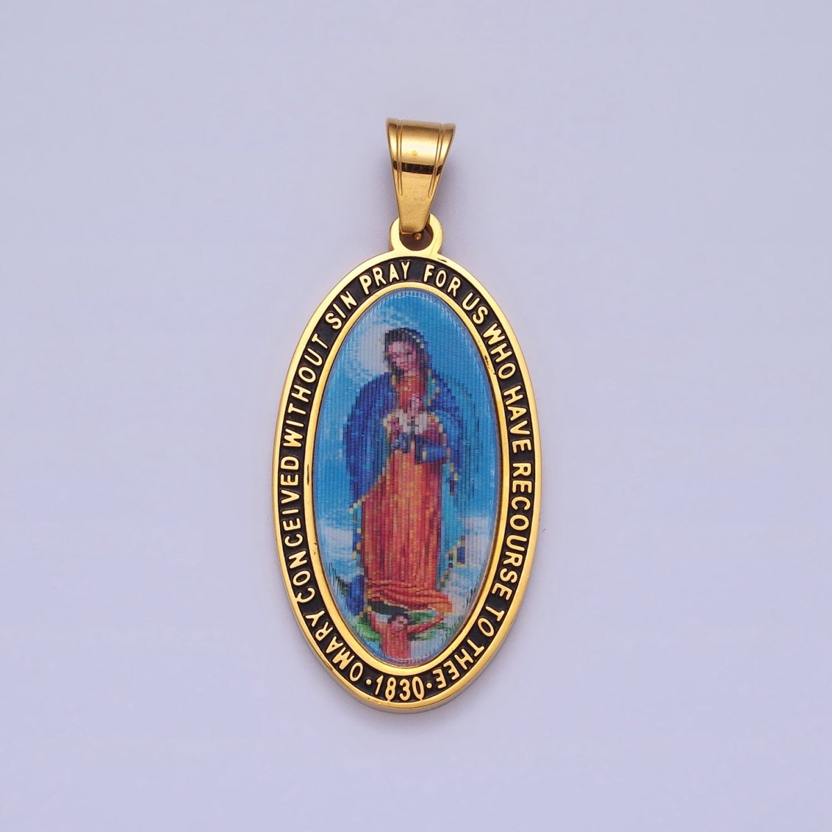 Stainless Steel Religious Mother Virgin Mary Prayer Inscription Oval Pendant in Gold & Silver J-773 J-776