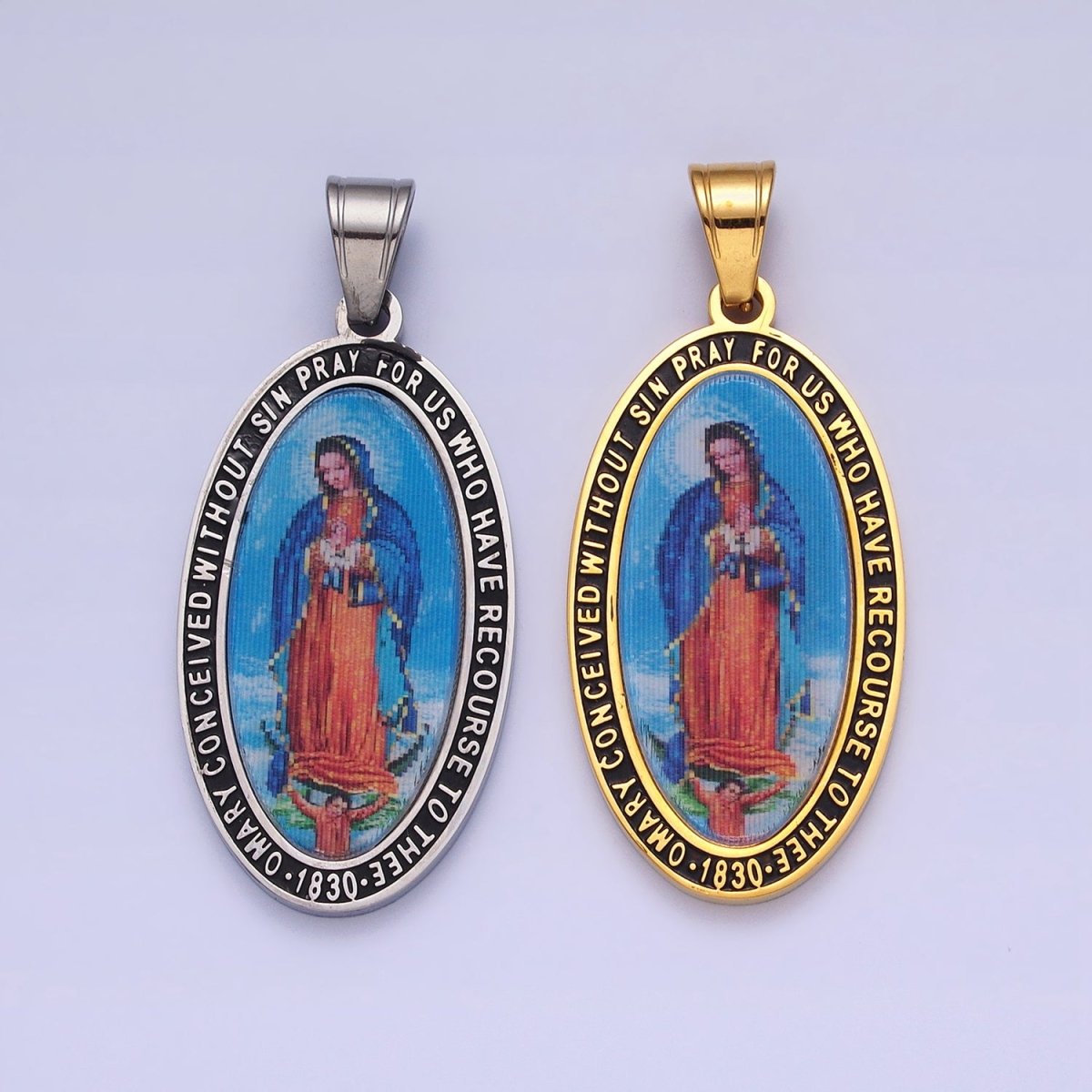 Stainless Steel Religious Mother Virgin Mary Prayer Inscription Oval Pendant in Gold & Silver J-773 J-776