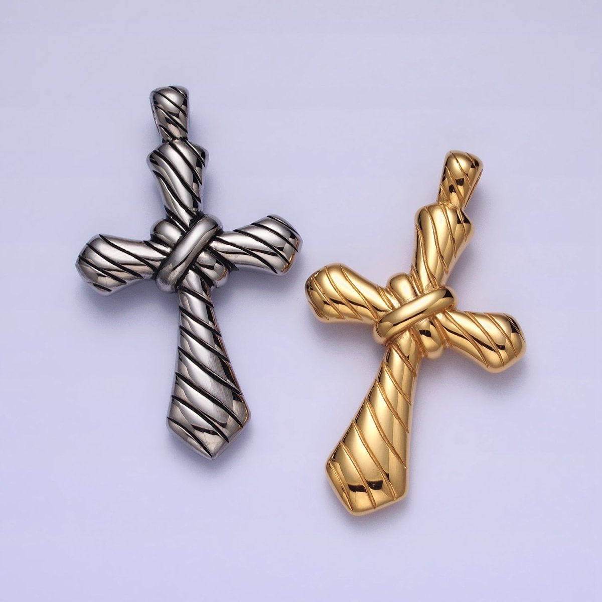 Stainless Steel Religious Passion Cross Line-Textured Tied Pendant in Gold & Silver J-730 J-739