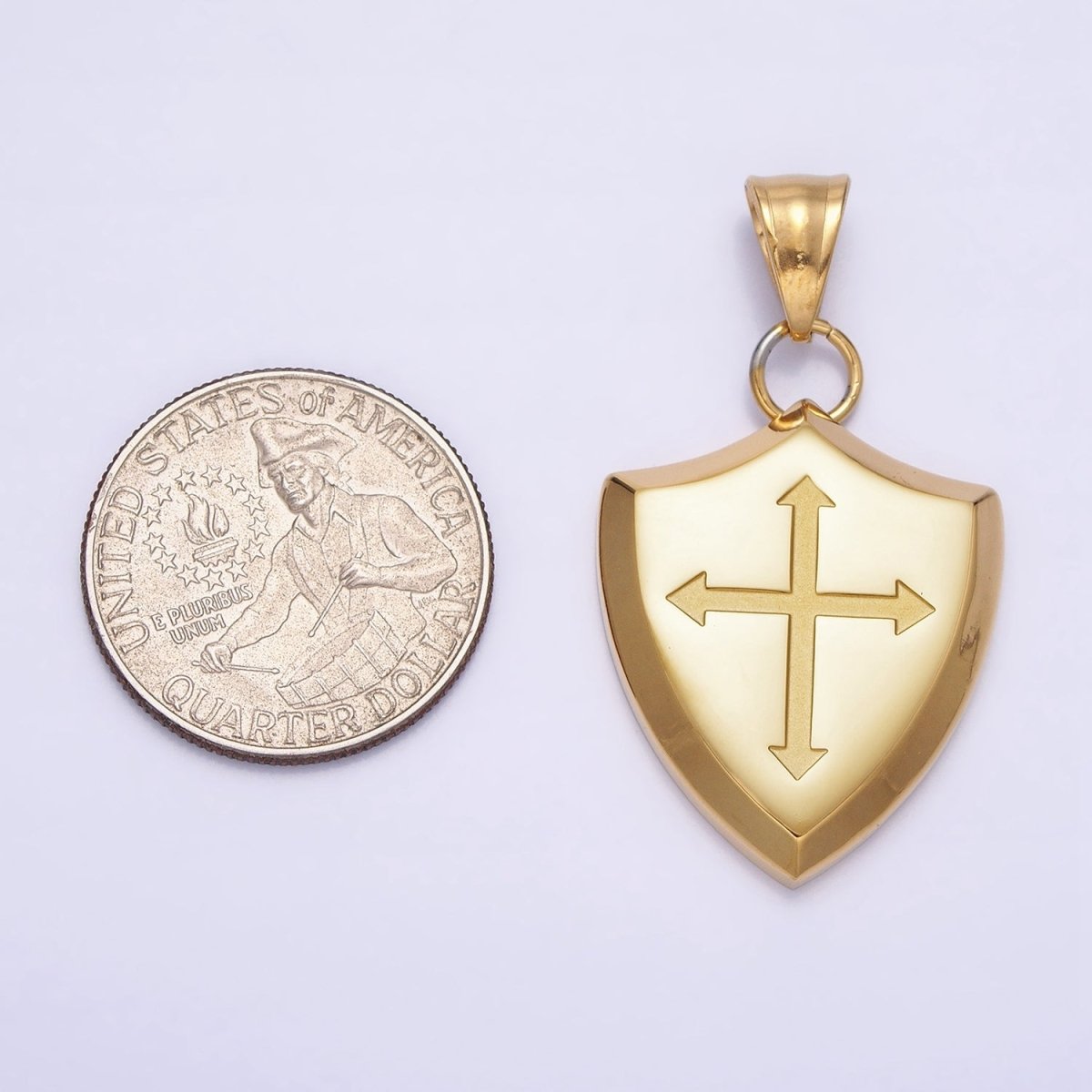 Stainless Steel Religious Passion Cross Shield Crest Pendant in Silver & Gold | P-1134