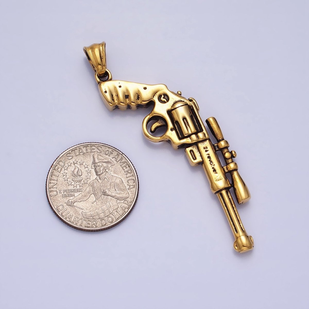 Stainless Steel Revolver Rifle Gun Weapon Pendant in Gold & Silver P-1147