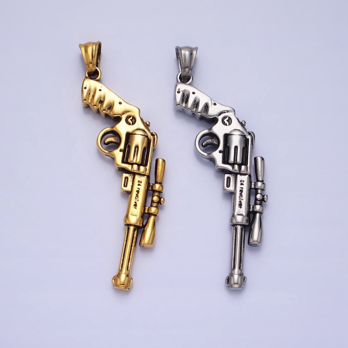 Stainless Steel Revolver Rifle Gun Weapon Pendant in Gold & Silver P-1147