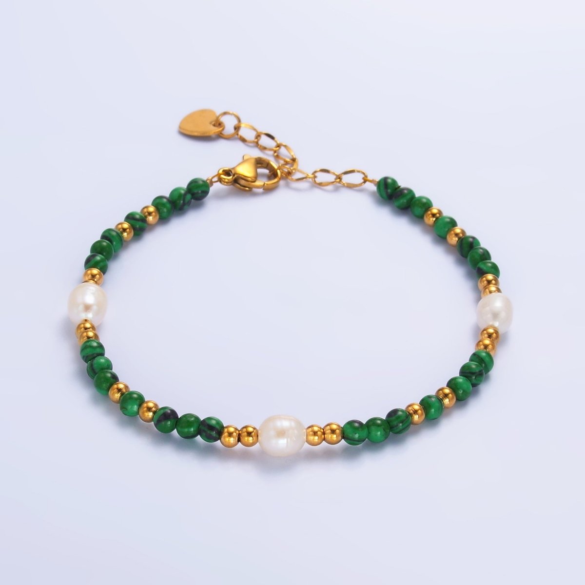 Stainless Steel Ringed Freshwater Pearl Bead Malachite Natural Gemstone Bead 6.5 Inch Bracelet | WA - 3135 - DLUXCA