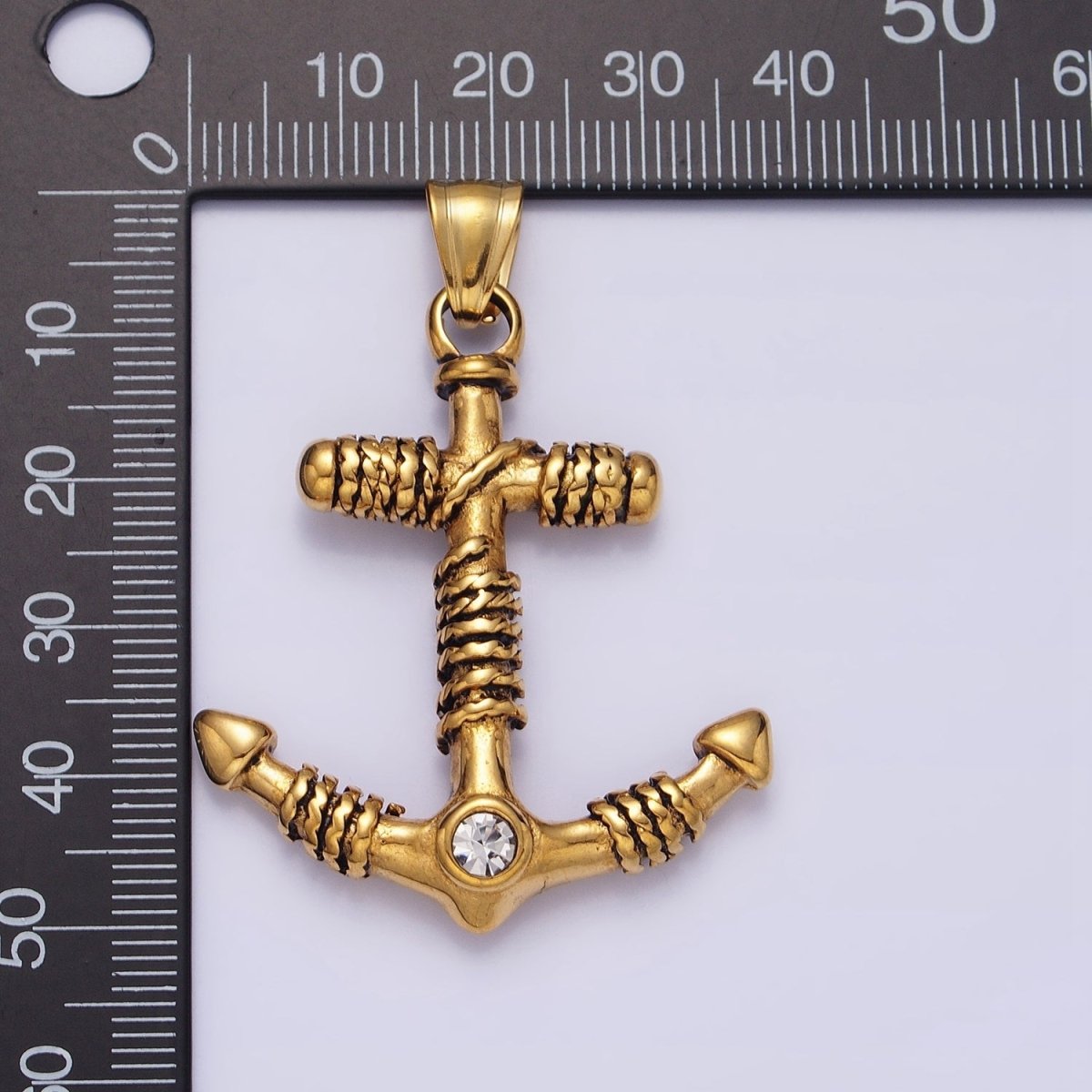 Stainless Steel Rope Tied Clear Round CZ Nautical Anchor Ship Pendant in Gold & Silver | P-1105