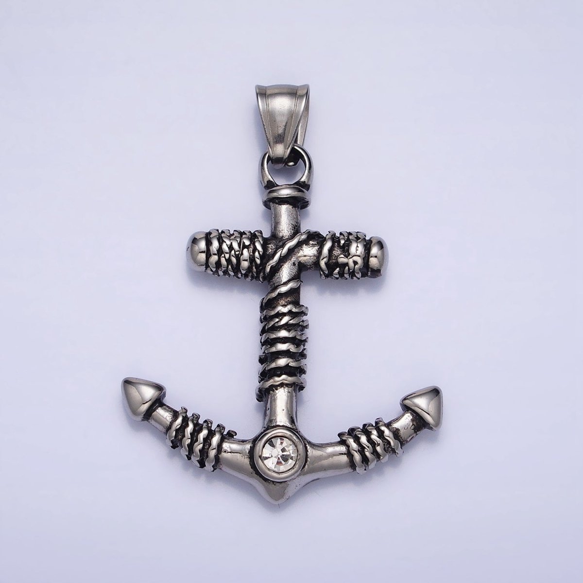 Stainless Steel Rope Tied Clear Round CZ Nautical Anchor Ship Pendant in Gold & Silver | P-1105