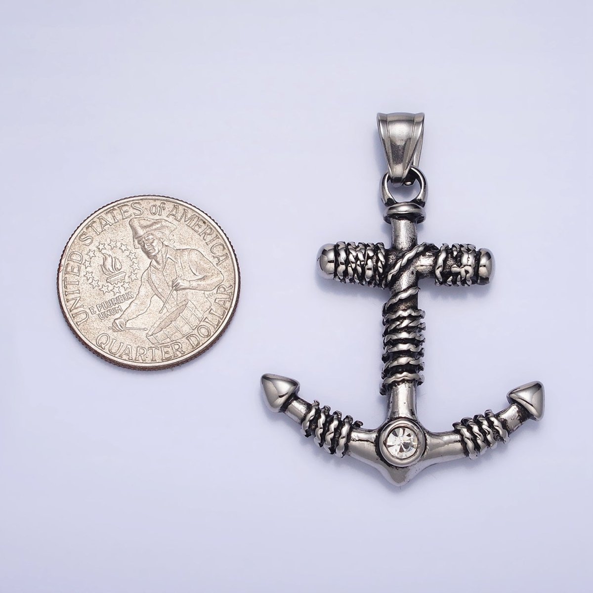 Stainless Steel Rope Tied Clear Round CZ Nautical Anchor Ship Pendant in Gold & Silver | P-1105