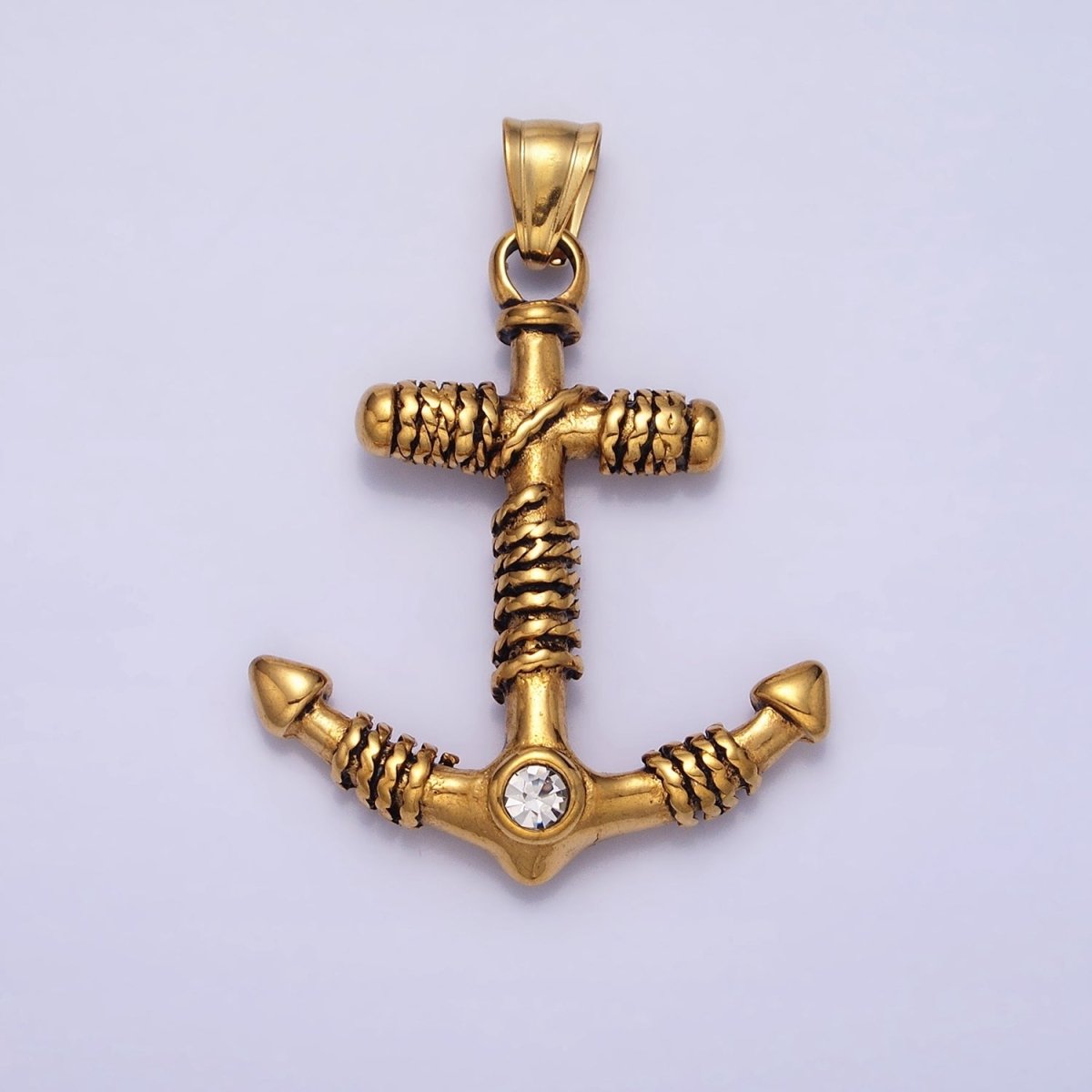 Stainless Steel Rope Tied Clear Round CZ Nautical Anchor Ship Pendant in Gold & Silver | P-1105