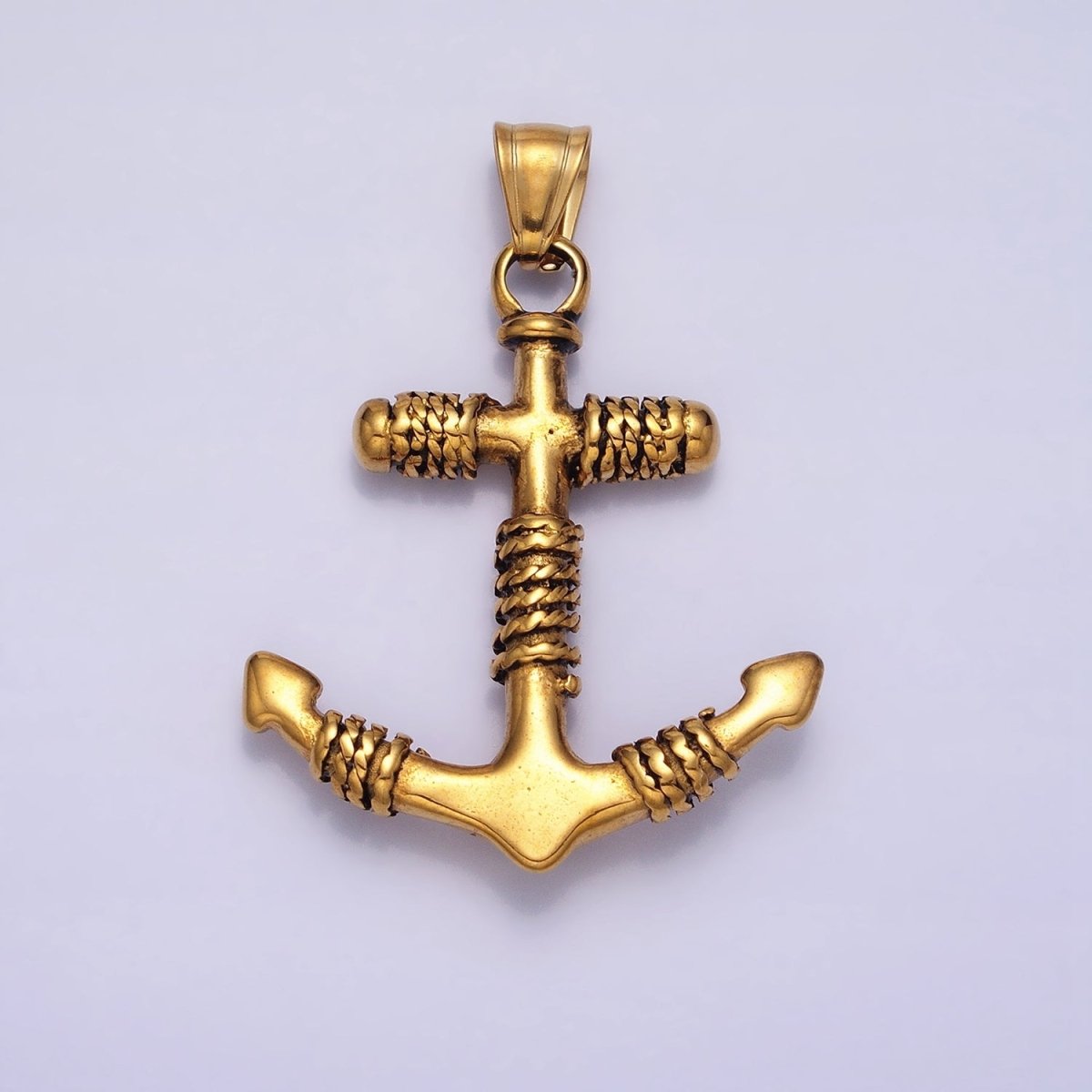 Stainless Steel Rope Tied Clear Round CZ Nautical Anchor Ship Pendant in Gold & Silver | P-1105