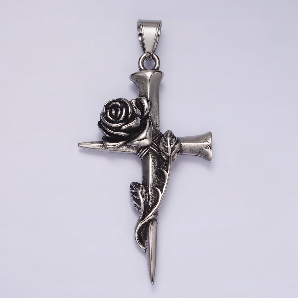 Stainless Steel Rose Flower Leaf Nail Religious Cross Pendant | P1176