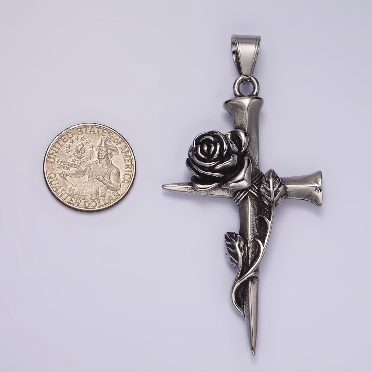 Stainless Steel Rose Flower Leaf Nail Religious Cross Pendant | P1176
