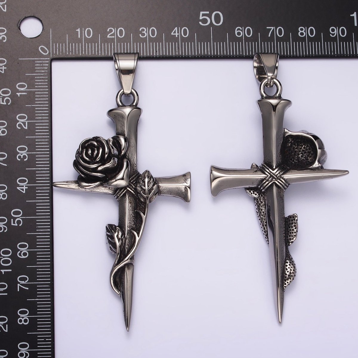Stainless Steel Rose Flower Leaf Nail Religious Cross Pendant | P1176
