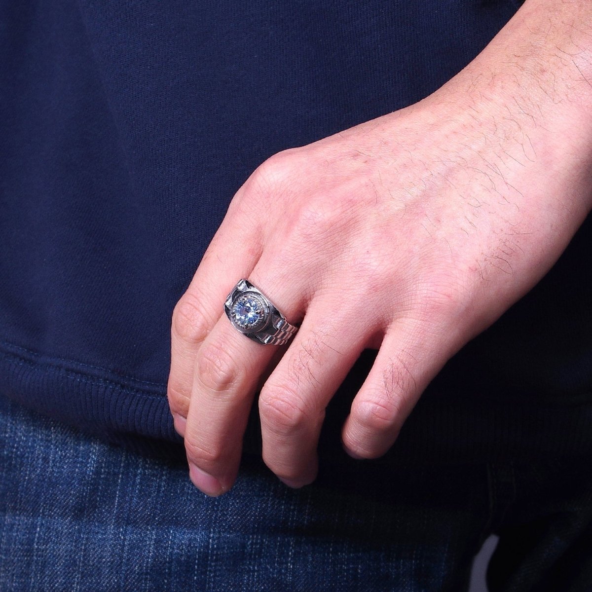 Stainless Steel Round Clear CZ Solitaire Checkered Signet Ring in Gold & Silver | O-1954 O-1955 O-1956 O-1957