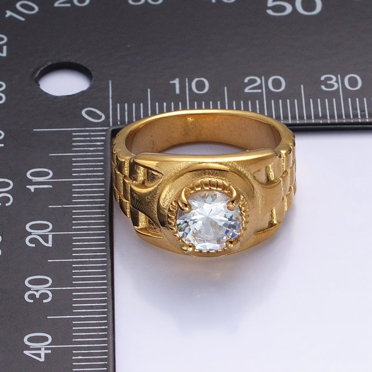 Stainless Steel Round Clear CZ Solitaire Checkered Signet Ring in Gold & Silver | O-1954 O-1955 O-1956 O-1957