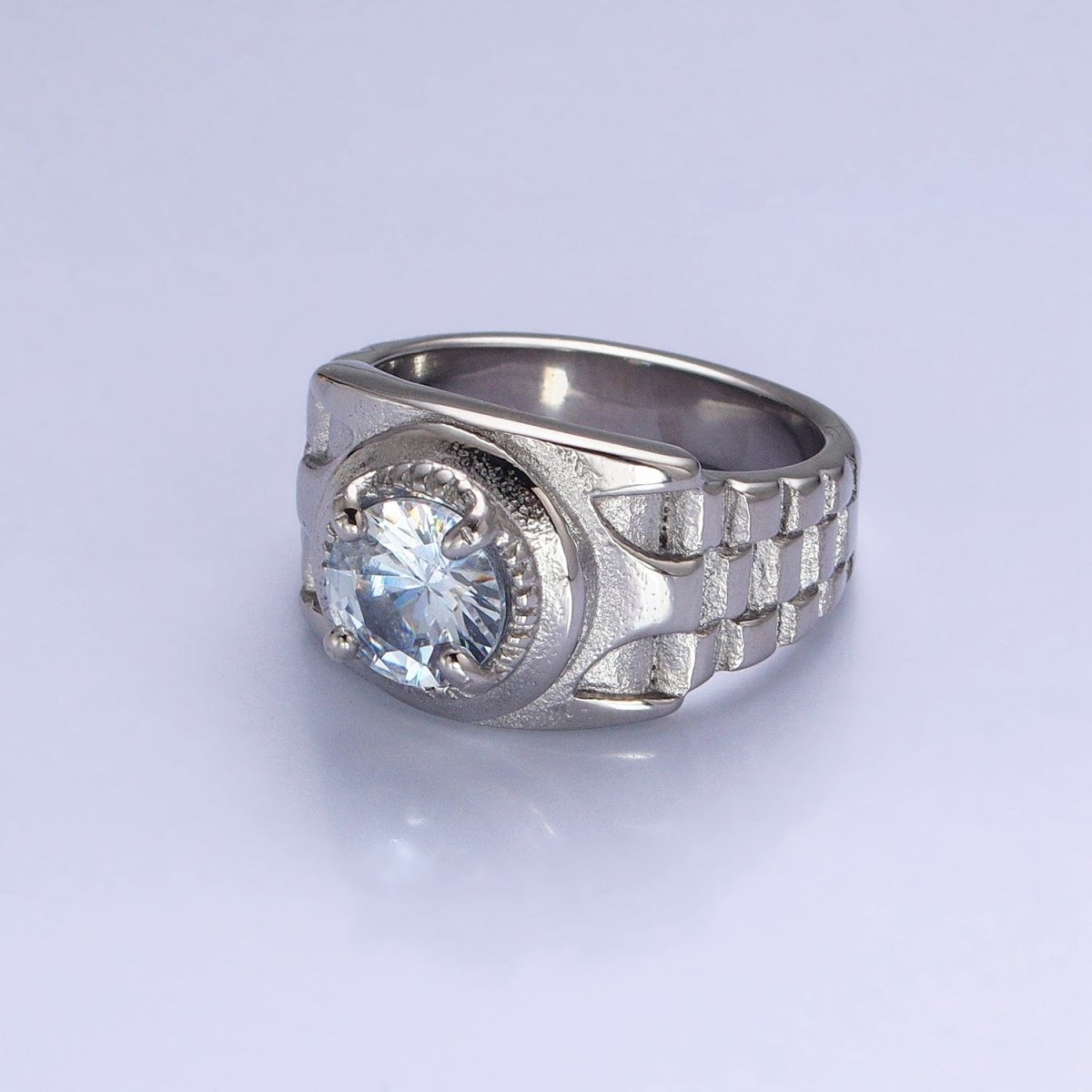 Stainless Steel Round Clear CZ Solitaire Checkered Signet Ring in Gold & Silver | O-1954 O-1955 O-1956 O-1957