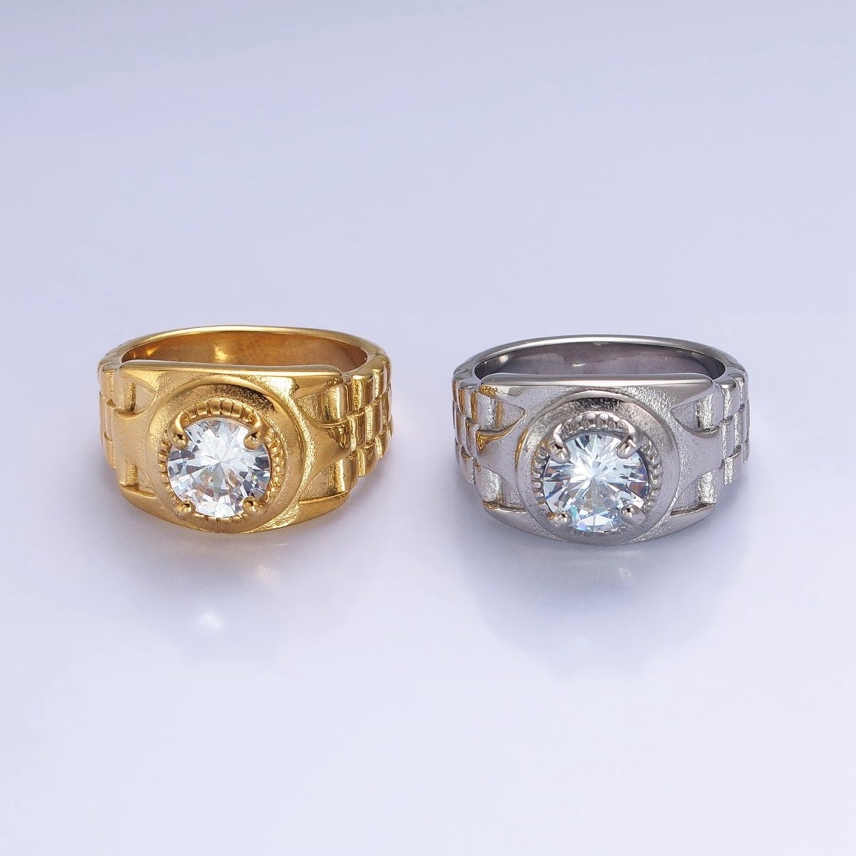 Stainless Steel Round Clear CZ Solitaire Checkered Signet Ring in Gold & Silver | O-1954 O-1955 O-1956 O-1957