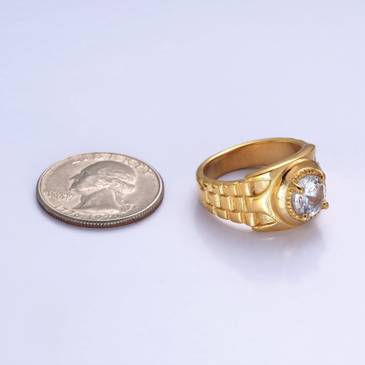Stainless Steel Round Clear CZ Solitaire Checkered Signet Ring in Gold & Silver | O-1954 O-1955 O-1956 O-1957