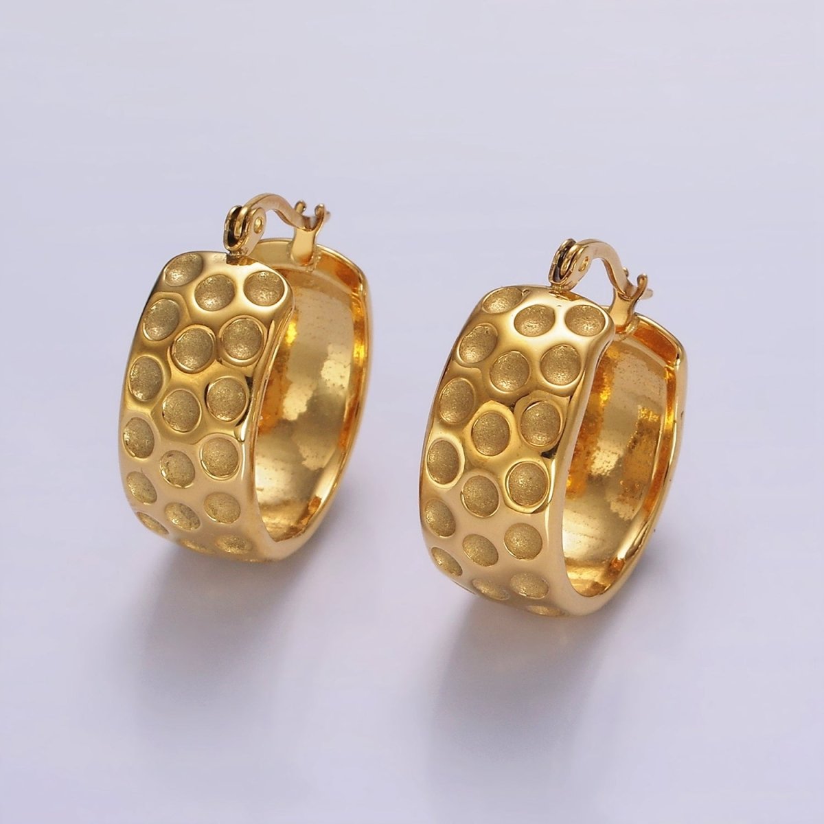 Stainless Steel Round Dotted Hammered Wide 25mm Latch Hoop Earrings | AE393 - DLUXCA