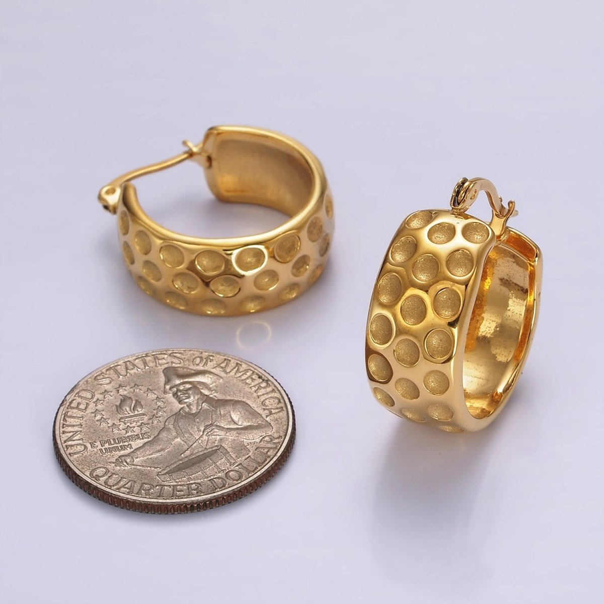 Stainless Steel Round Dotted Hammered Wide 25mm Latch Hoop Earrings | AE393 - DLUXCA