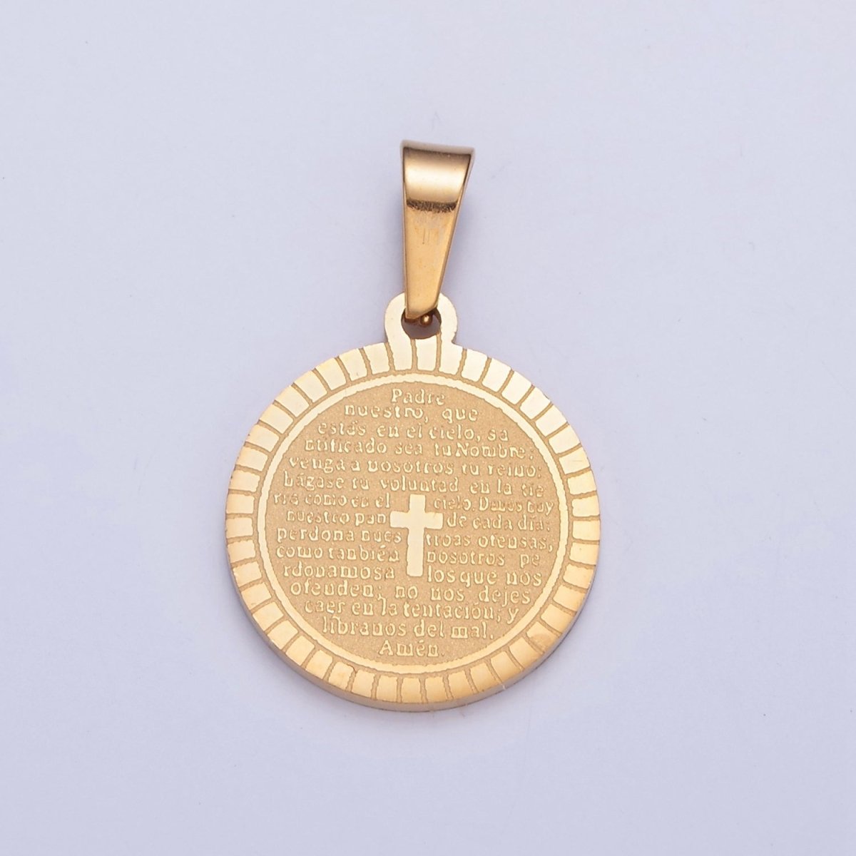 Stainless Steel Round Medallion, The Lord's Prayer in Spanish, Religious Cross in Silver & Gold  I-439 I-444