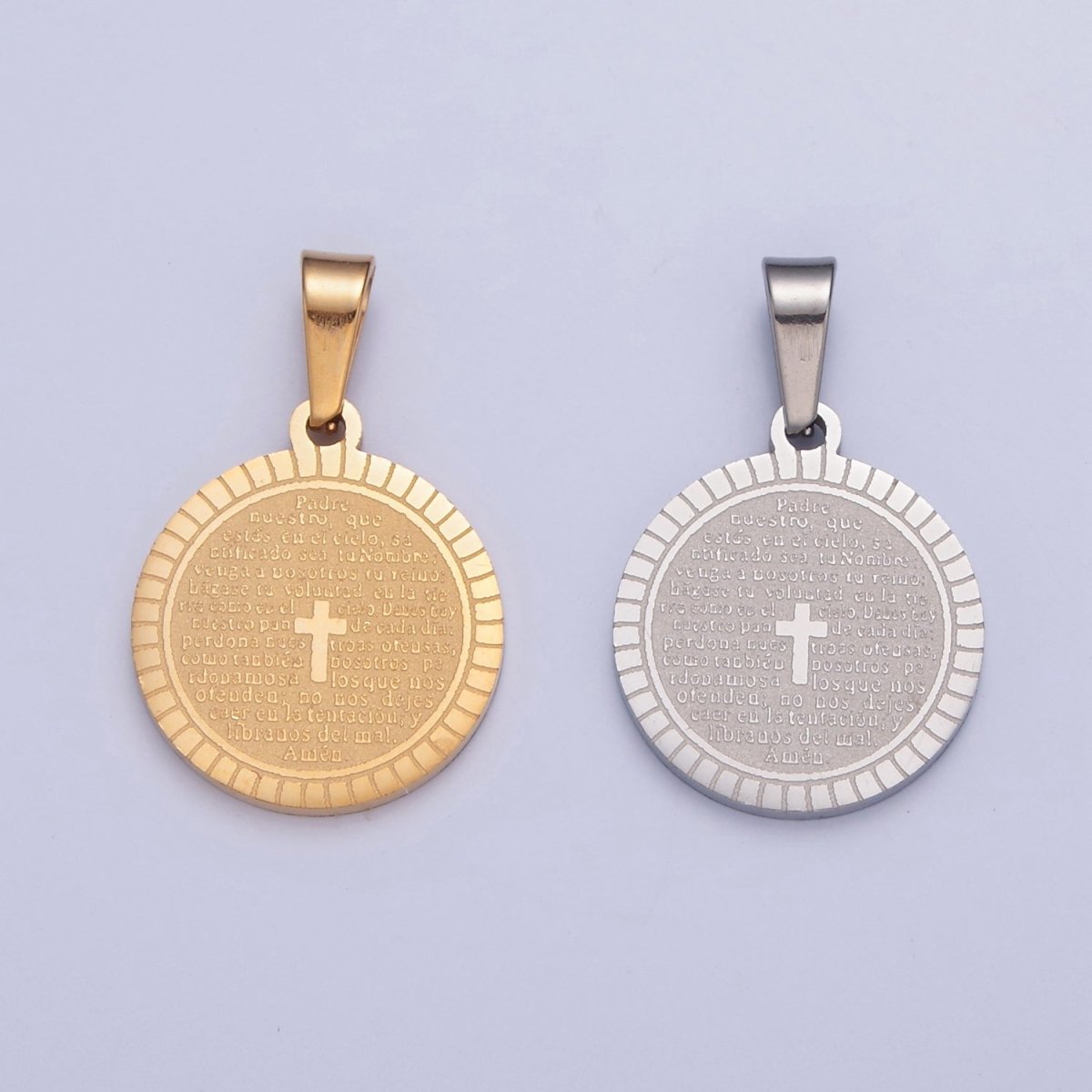 Stainless Steel Round Medallion, The Lord's Prayer in Spanish, Religious Cross in Silver & Gold  I-439 I-444