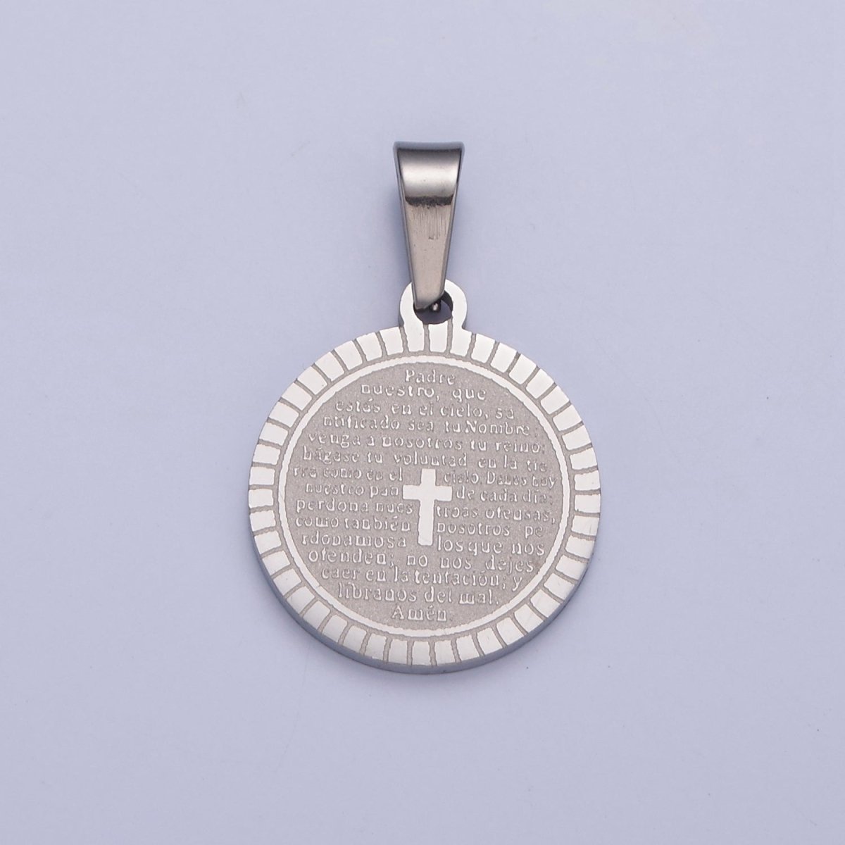 Stainless Steel Round Medallion, The Lord's Prayer in Spanish, Religious Cross in Silver & Gold  I-439 I-444