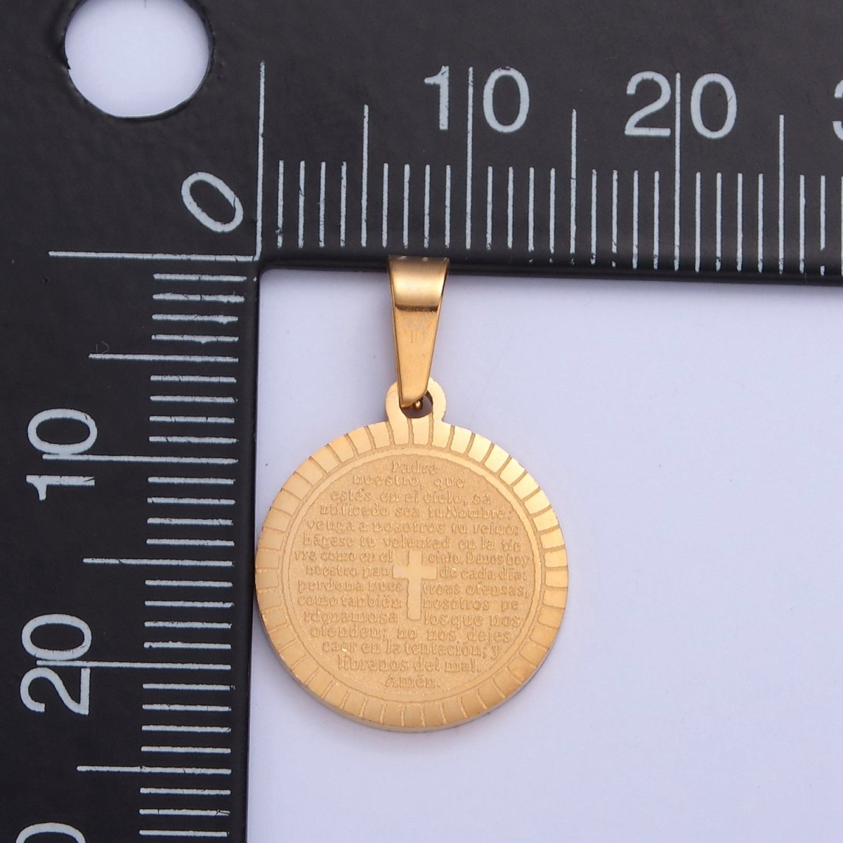 Stainless Steel Round Medallion, The Lord's Prayer in Spanish, Religious Cross in Silver & Gold  I-439 I-444