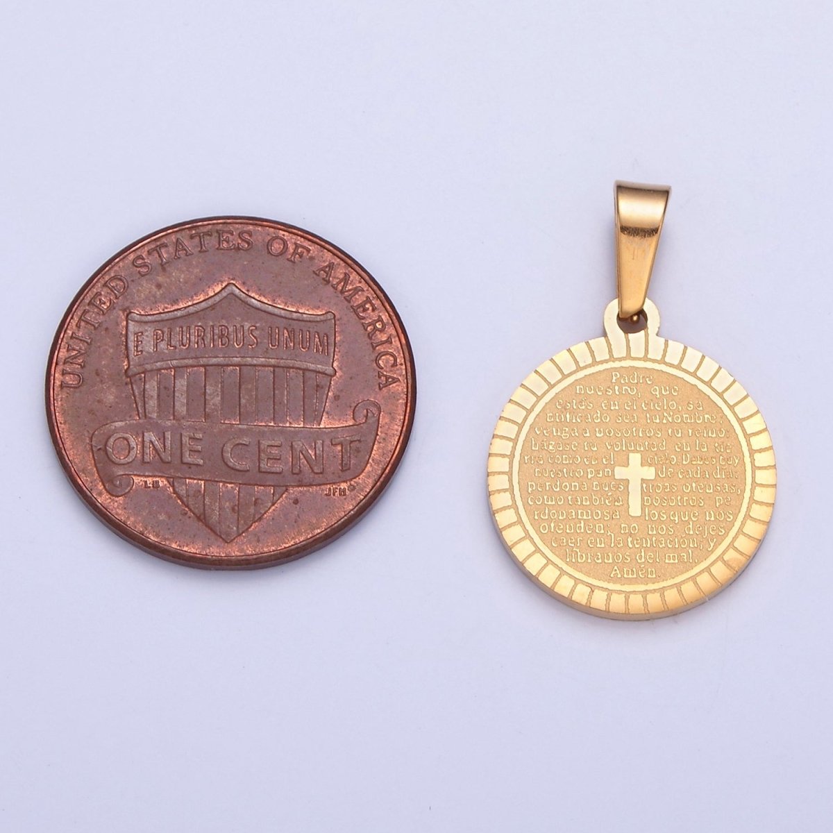 Stainless Steel Round Medallion, The Lord's Prayer in Spanish, Religious Cross in Silver & Gold  I-439 I-444