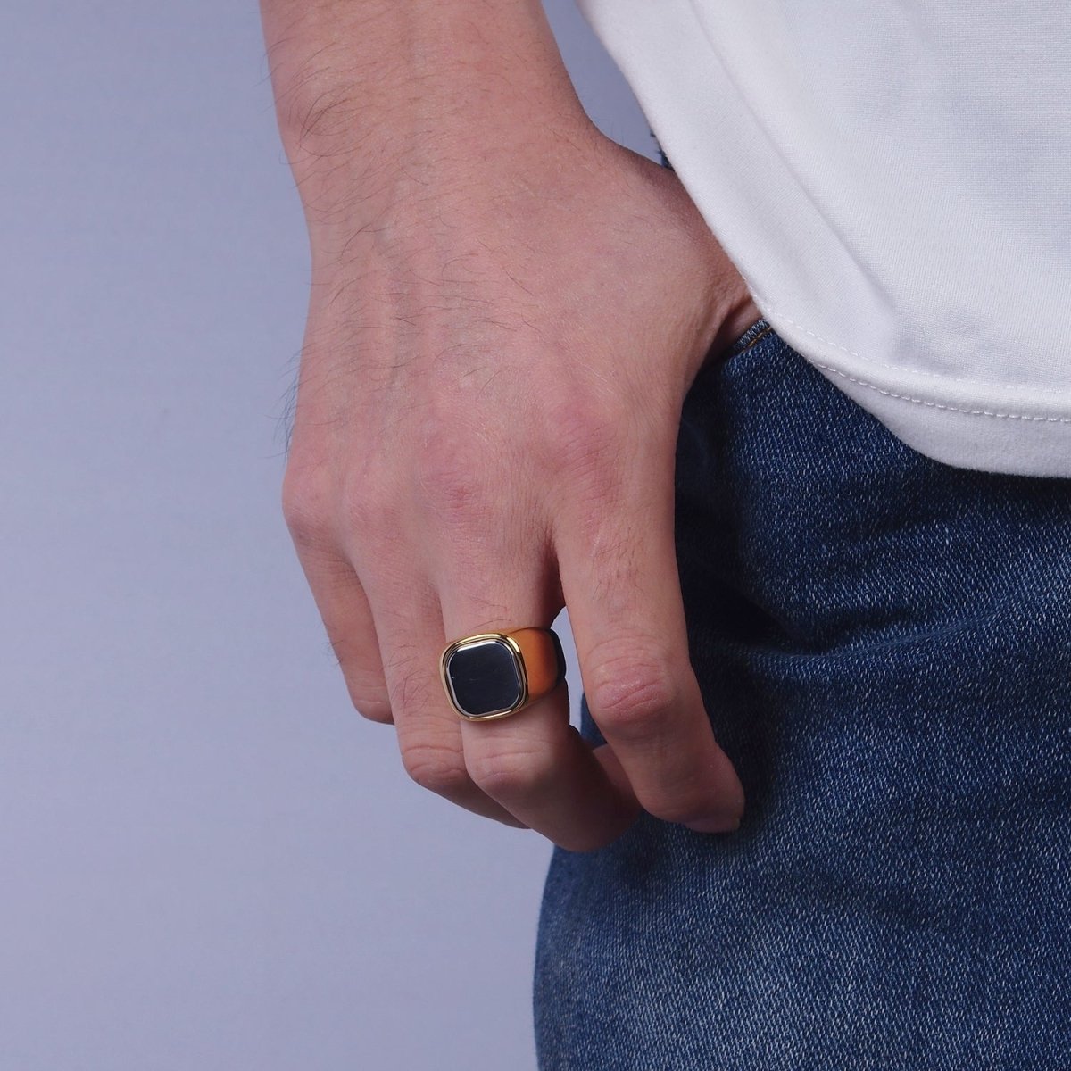 Stainless Steel Rounded Square Mixed Metal Signet Ring | O1255 - O1257