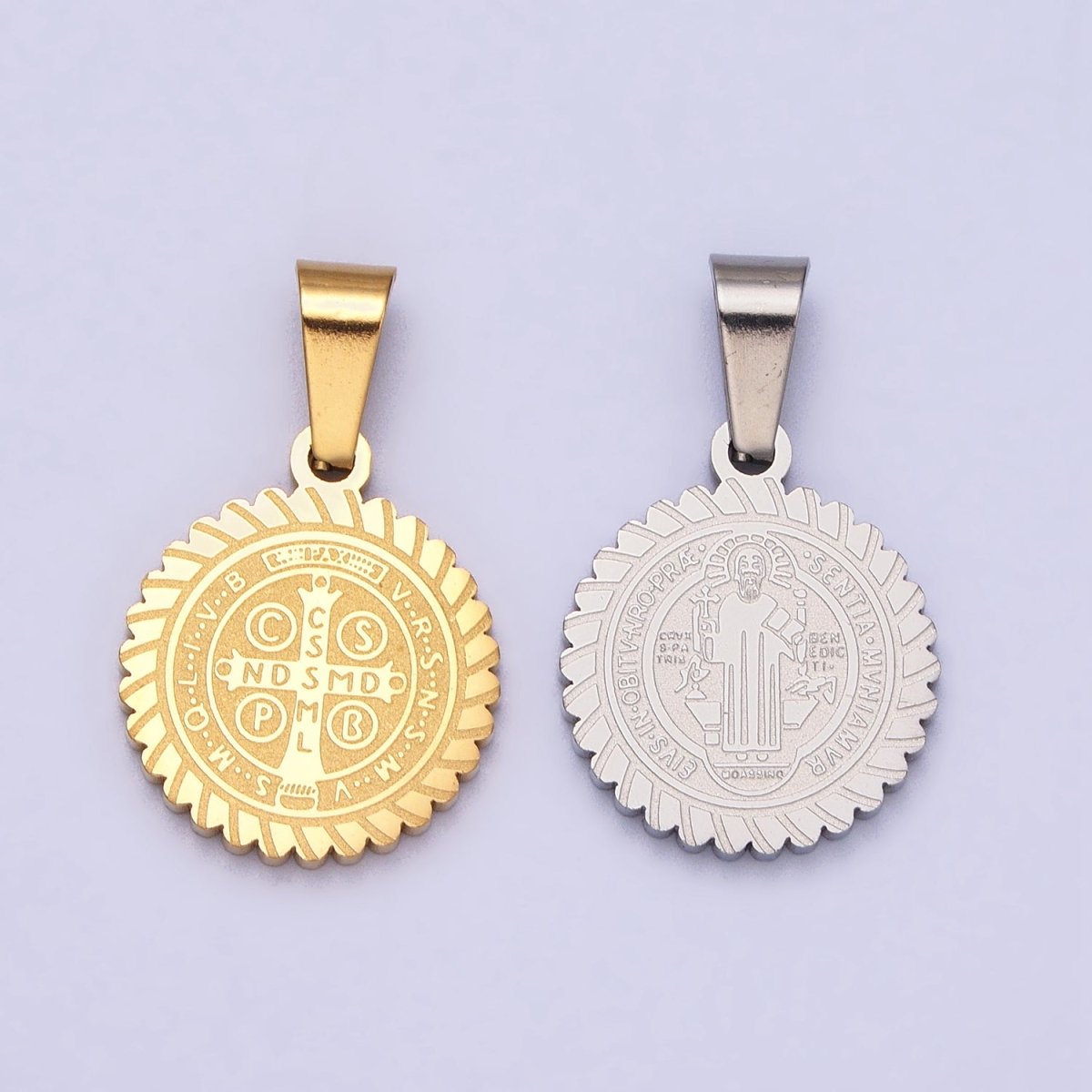 Stainless Steel Saint St. Benedict SMQLIVB PAX VRSNSMV Double Sided Engraved Pendant in Gold & Silver J-664 J-674
