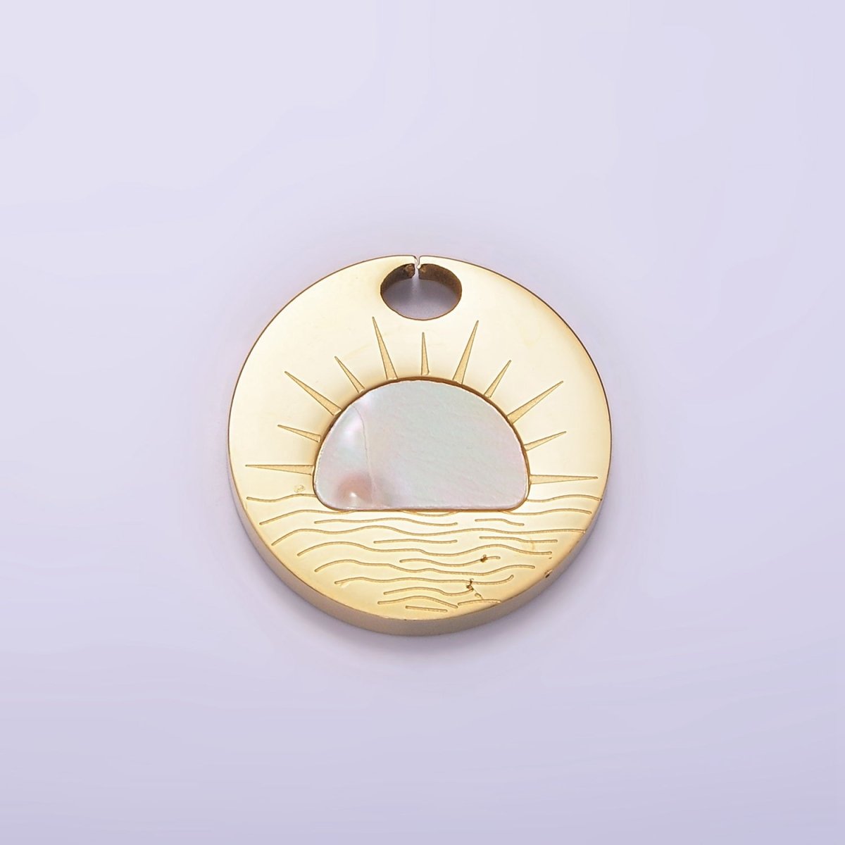 OS Stainless Steel Shell Pearl Celestial Sun Rise Set Ocean Sea Engraved Open Round Charm | P1253