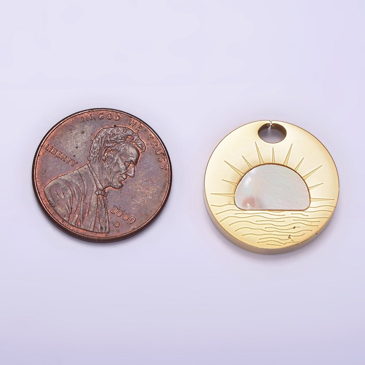 OS Stainless Steel Shell Pearl Celestial Sun Rise Set Ocean Sea Engraved Open Round Charm | P1253