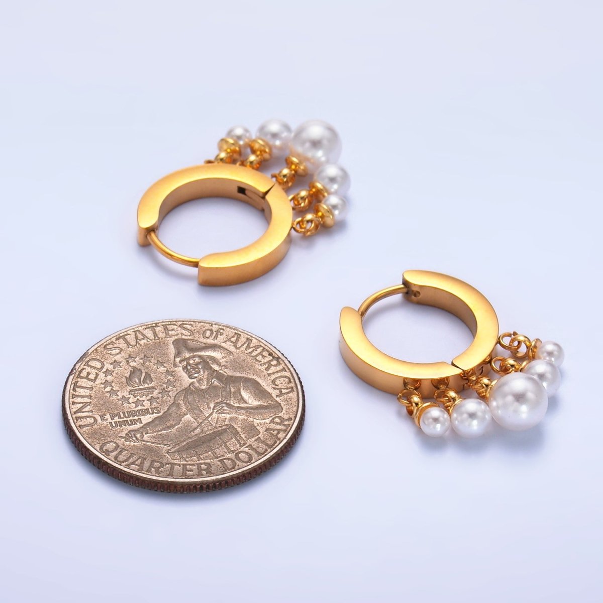 Stainless Steel Shell Pearl Drop Huggie Earrings | T118 - DLUXCA