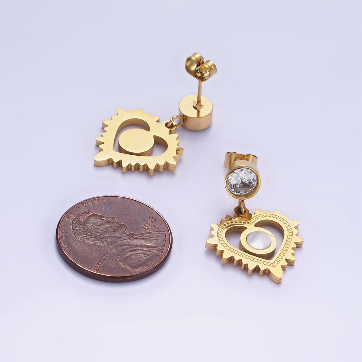 Stainless Steel Shell Pearl Open Heart CZ Drop Stud Earrings | AE460 - DLUXCA