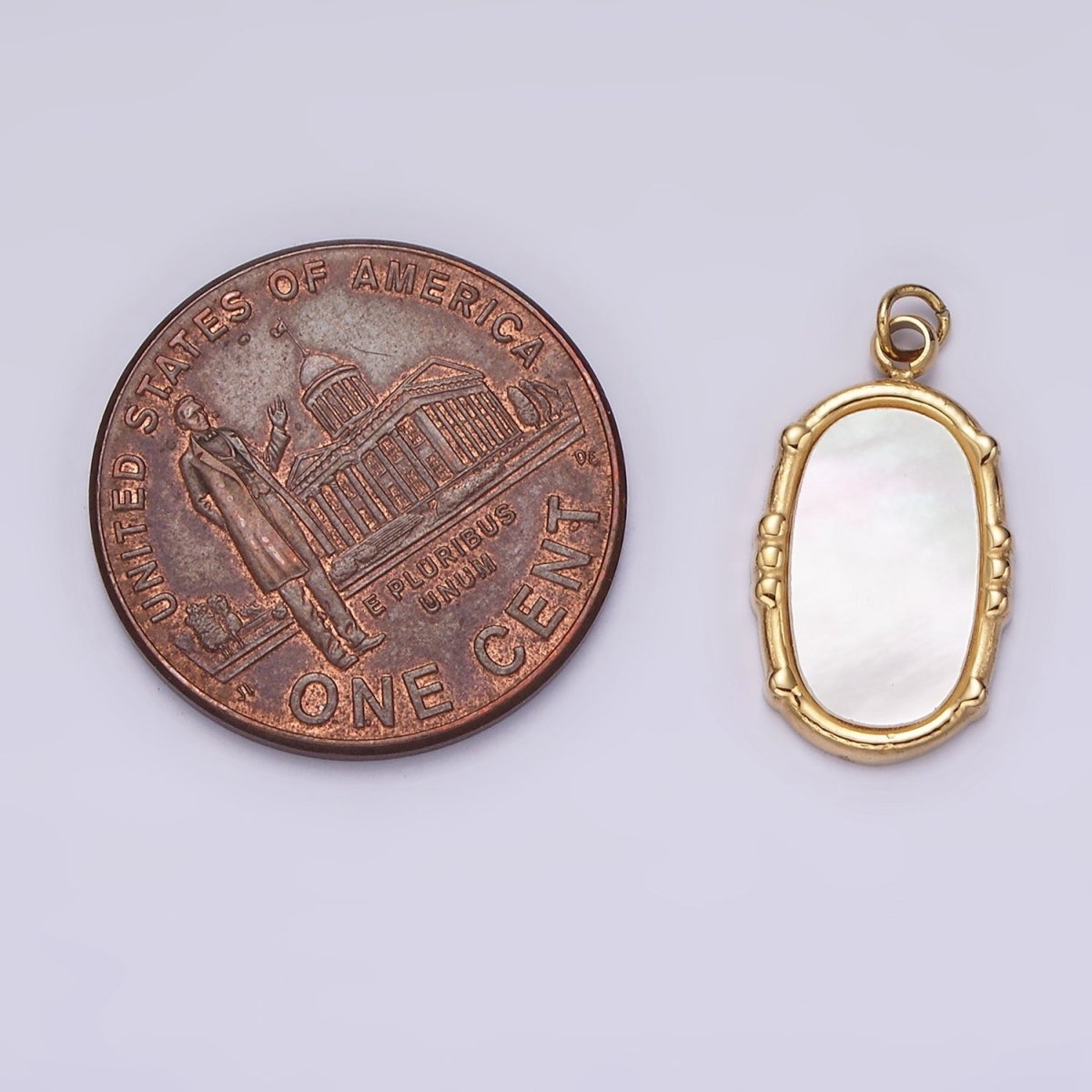 Stainless Steel Shell Pearl Oval Dot Bezel Charm in Gold & Silver | P1318